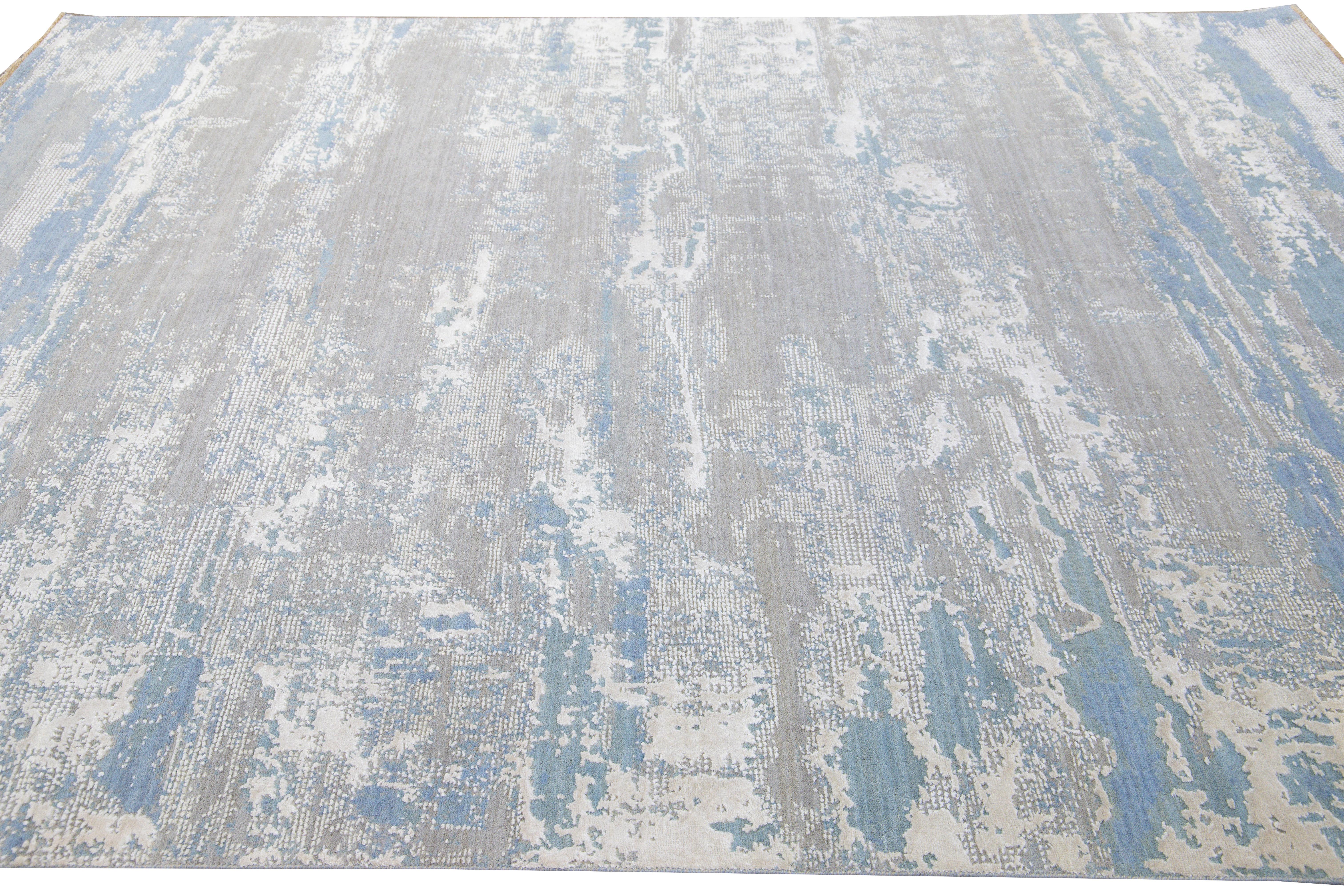 Modern Abstract Indian Handmade Blue and Gray Wool and Silk Rug For Sale 1