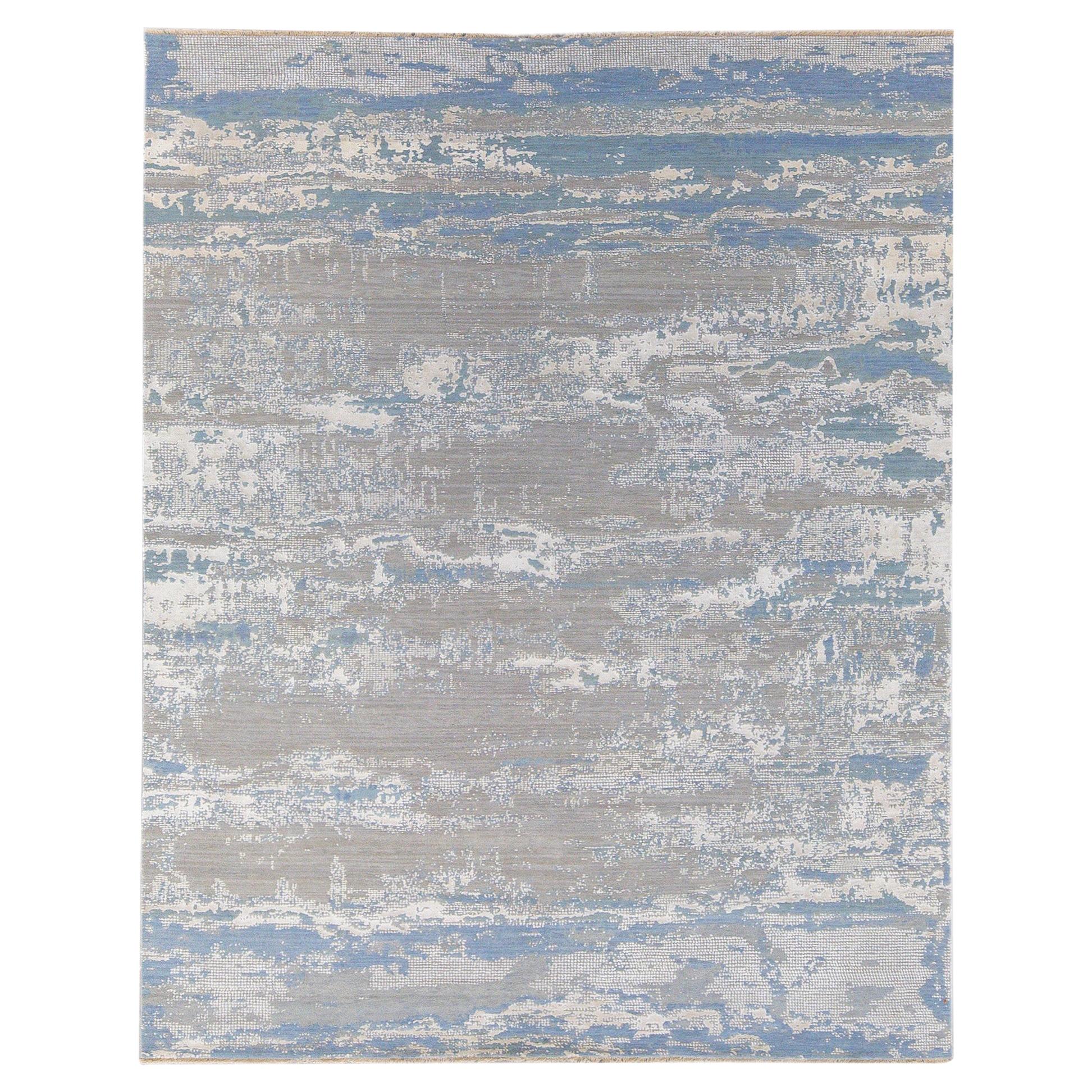 Modern Abstract Indian Handmade Blue and Gray Wool and Silk Rug
