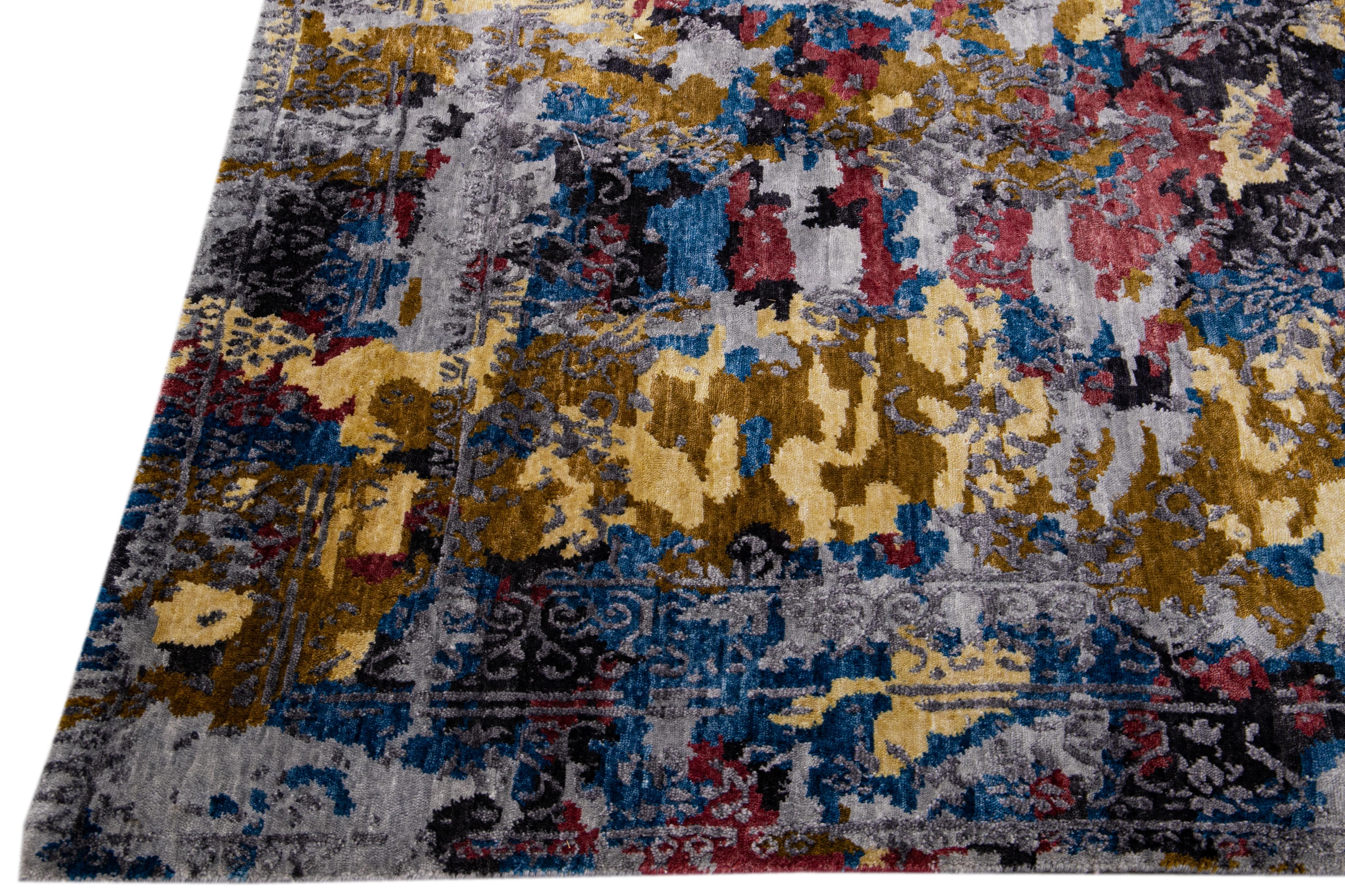 Indien Tapis indien moderne et abstrait en laine et soie multicolore fait à la main en vente