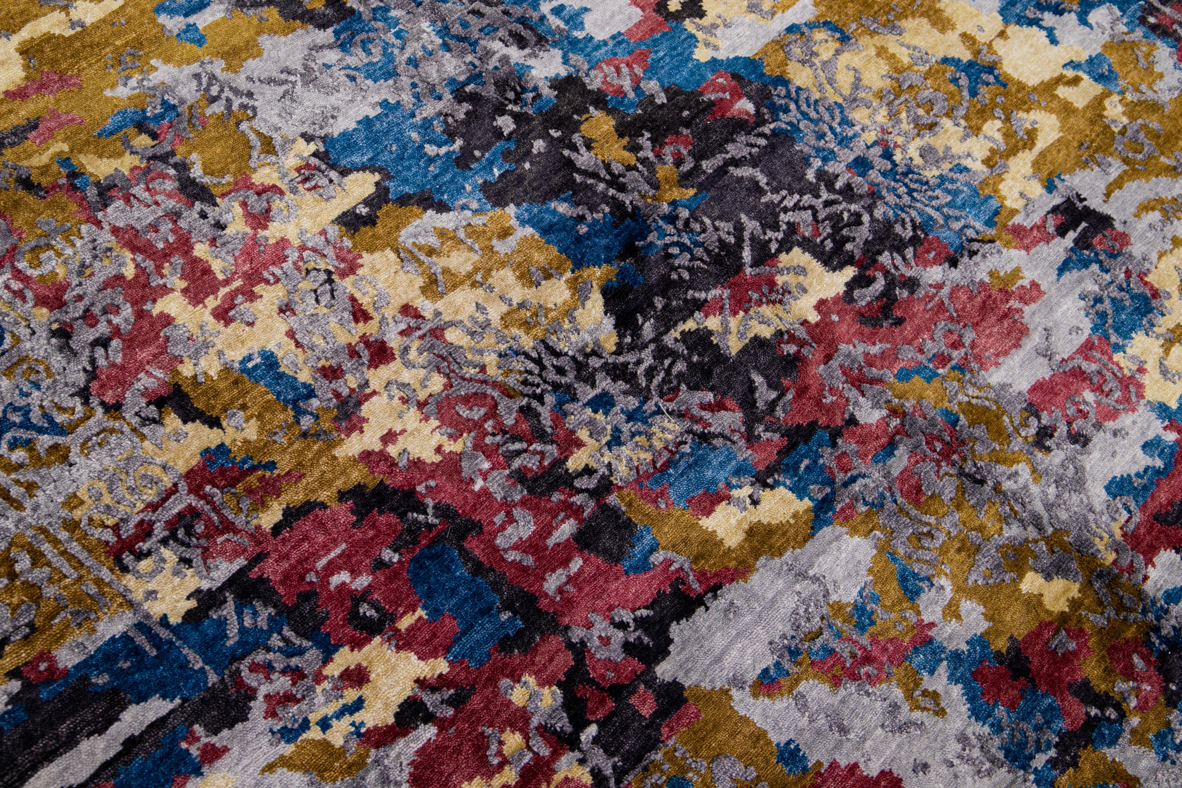 XXIe siècle et contemporain Tapis indien moderne et abstrait en laine et soie multicolore fait à la main en vente