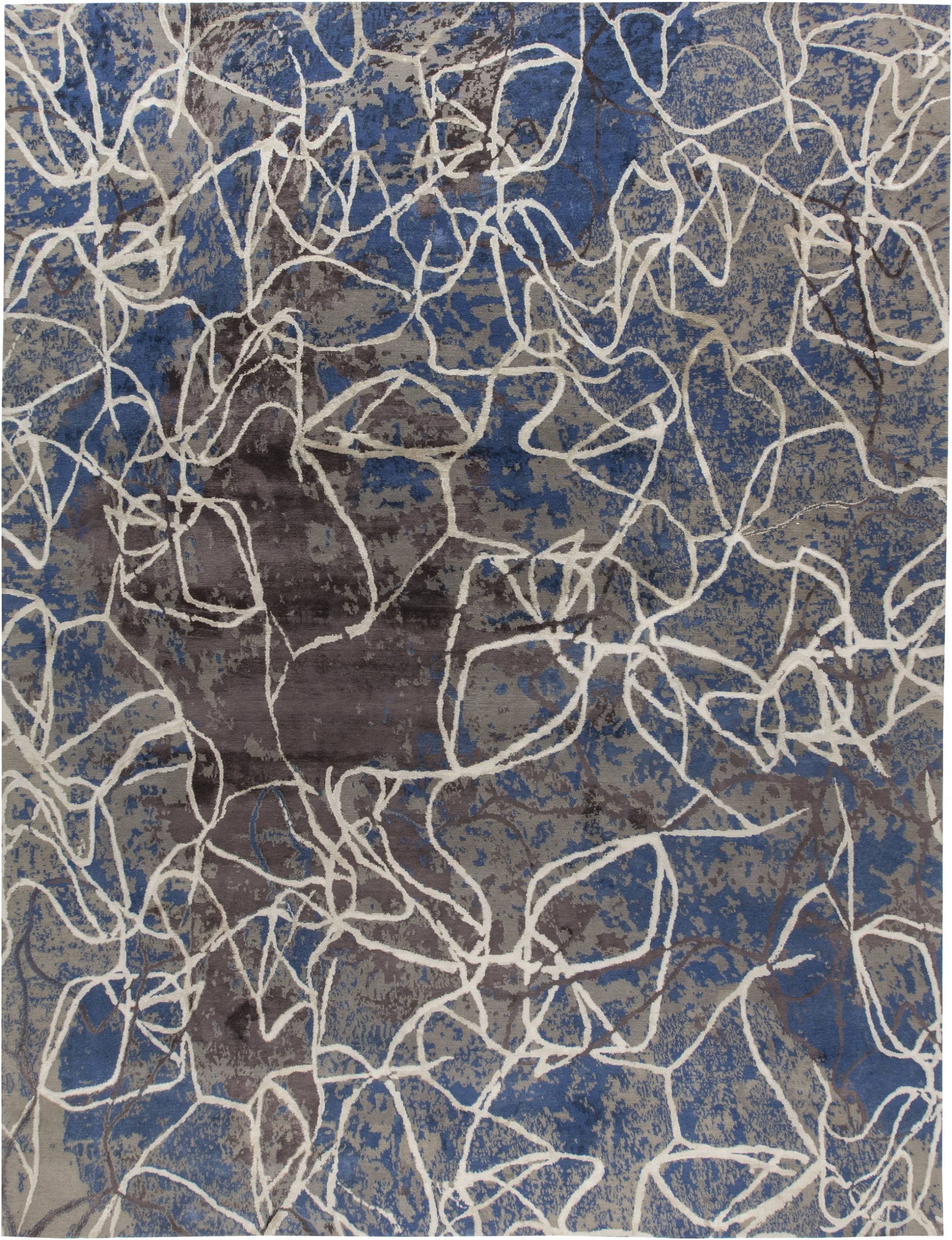 Modern Abstract Interwoven Slate Gray Silk Oversized Rug "Confluence"
