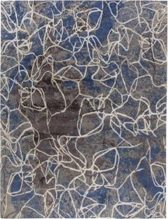 Modern Abstract Interwoven Slate Gray Silk Oversized Rug "Confluence"