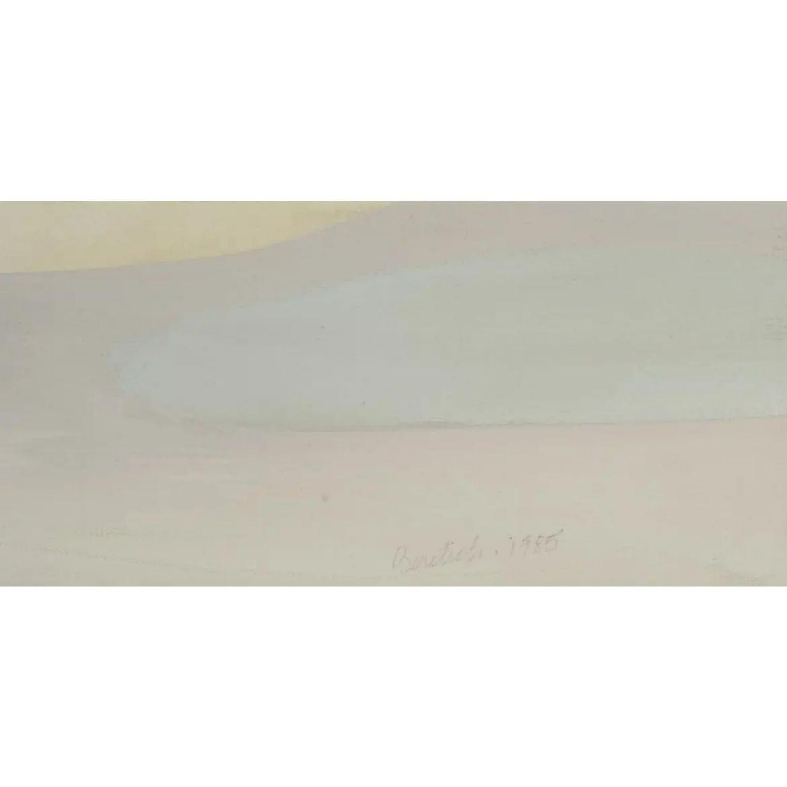 Abstrakte Malerei von Barbara Beretich (1936-2018). Es trägt den Titel Silver Wide und zeigt eine gemäßigte abstrakte Landschaft. Es ist vom Künstler signiert und wurde 1985 gemalt.

Zusätzliche Informationen: 
MATERIALIEN: Leinwand, Ölfarbe
Farbe: