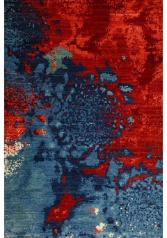 Modern Abstract Magma Wool Persian Rug in Red and Blue Tones, 10' x 14'