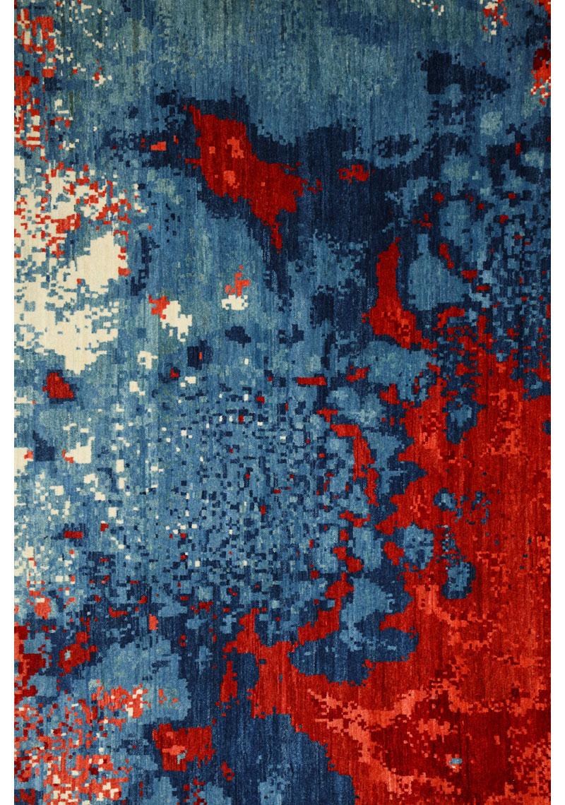 Moderner abstrakter persischer Magma-Wollteppich in Rot- und Blautönen, 10' x 14' (Persisch) im Angebot