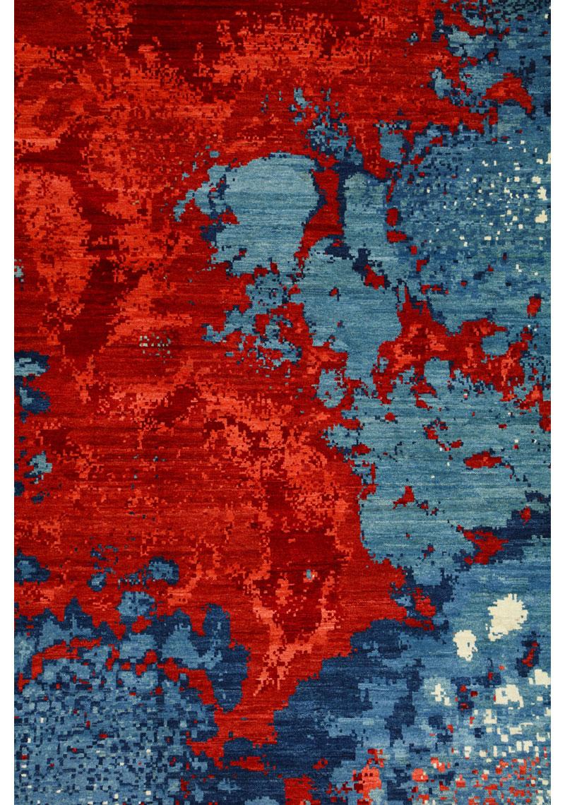 Moderner abstrakter persischer Magma-Wollteppich in Rot- und Blautönen, 10' x 14' (Pflanzlich gefärbt) im Angebot