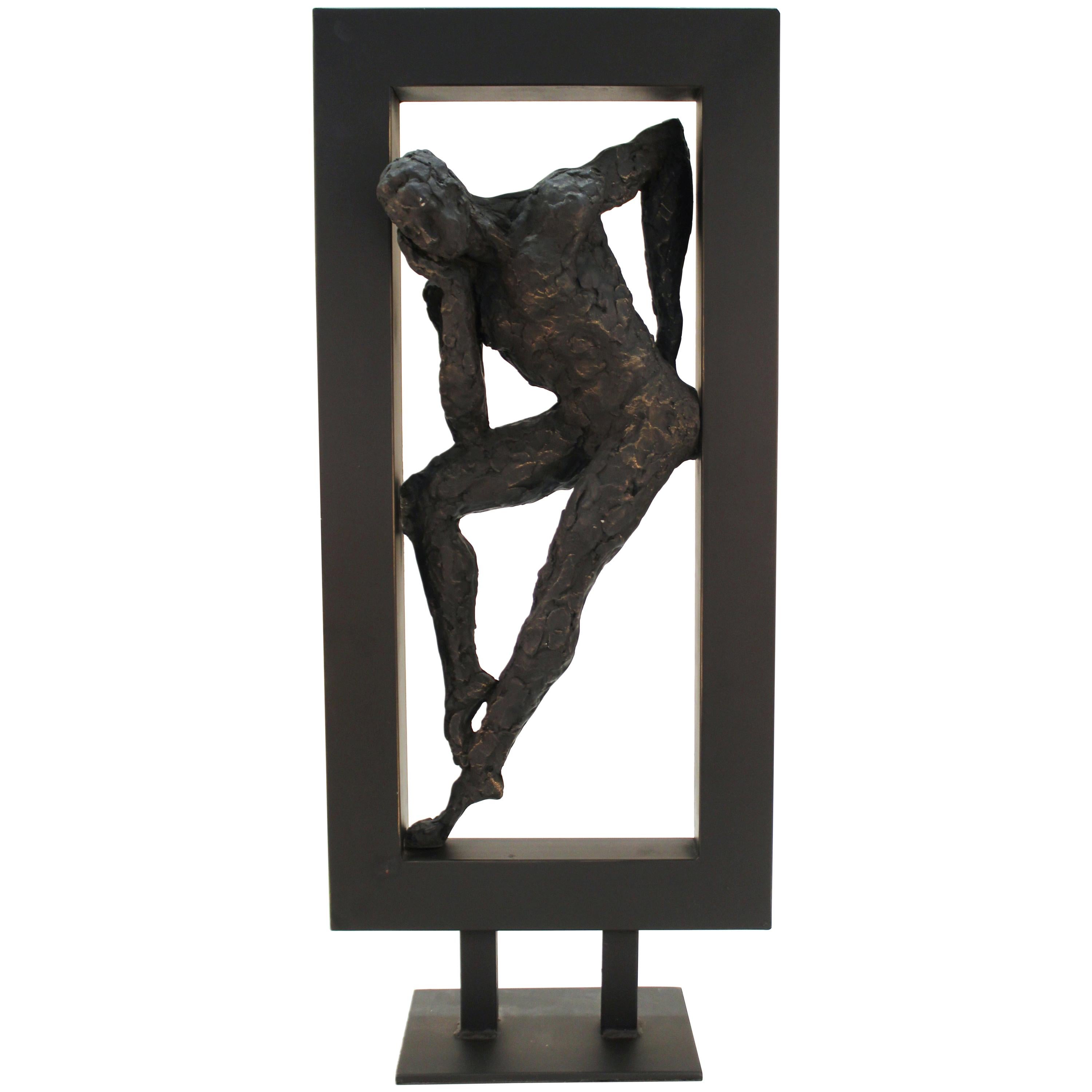 Modern Abstract Metal Sculpture of a Man Leaning Inside a Metal Frame