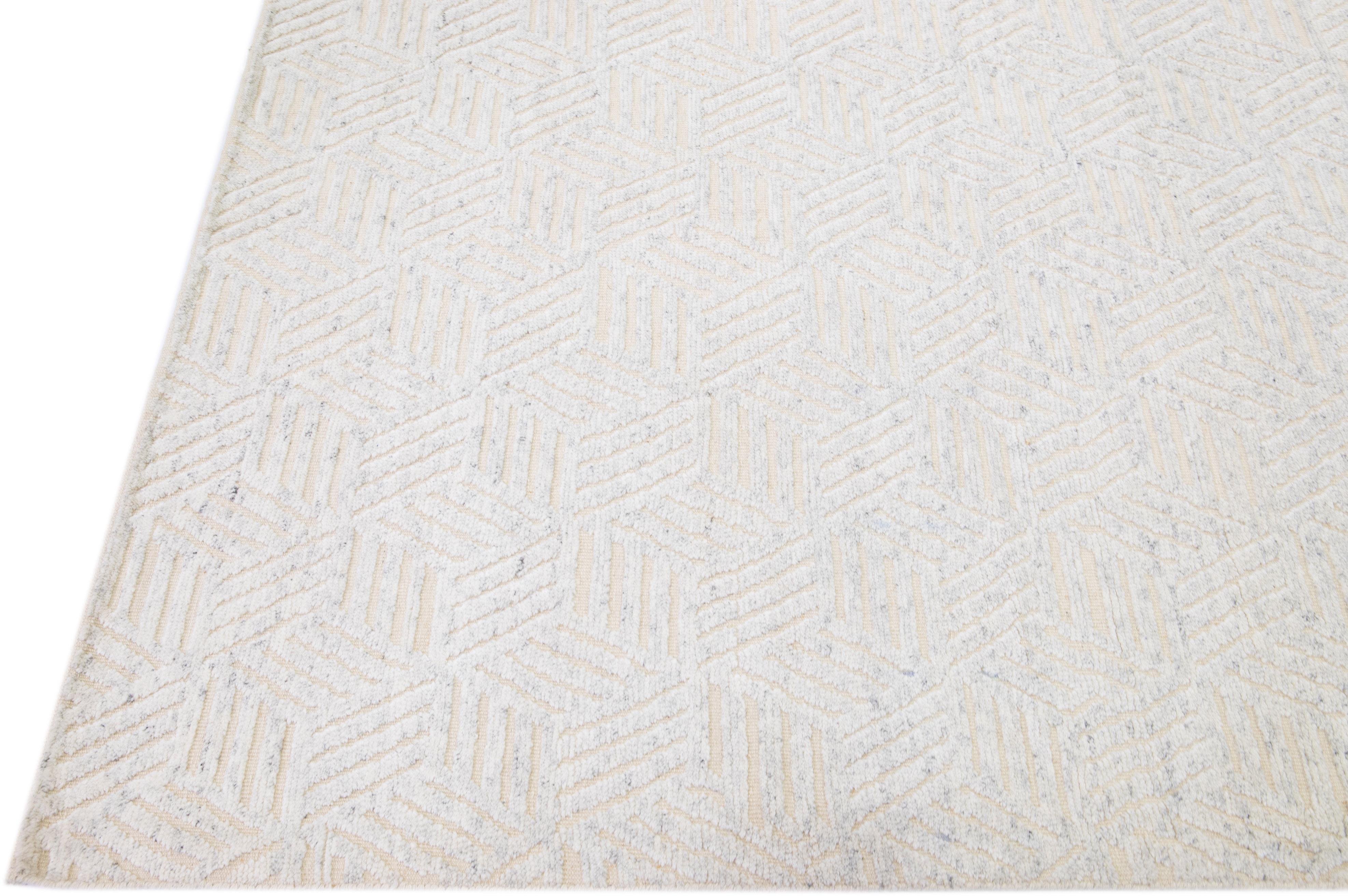 Hand-Knotted Modern Abstract Moroccan Style Handmade Ivory Wool Rug For Sale
