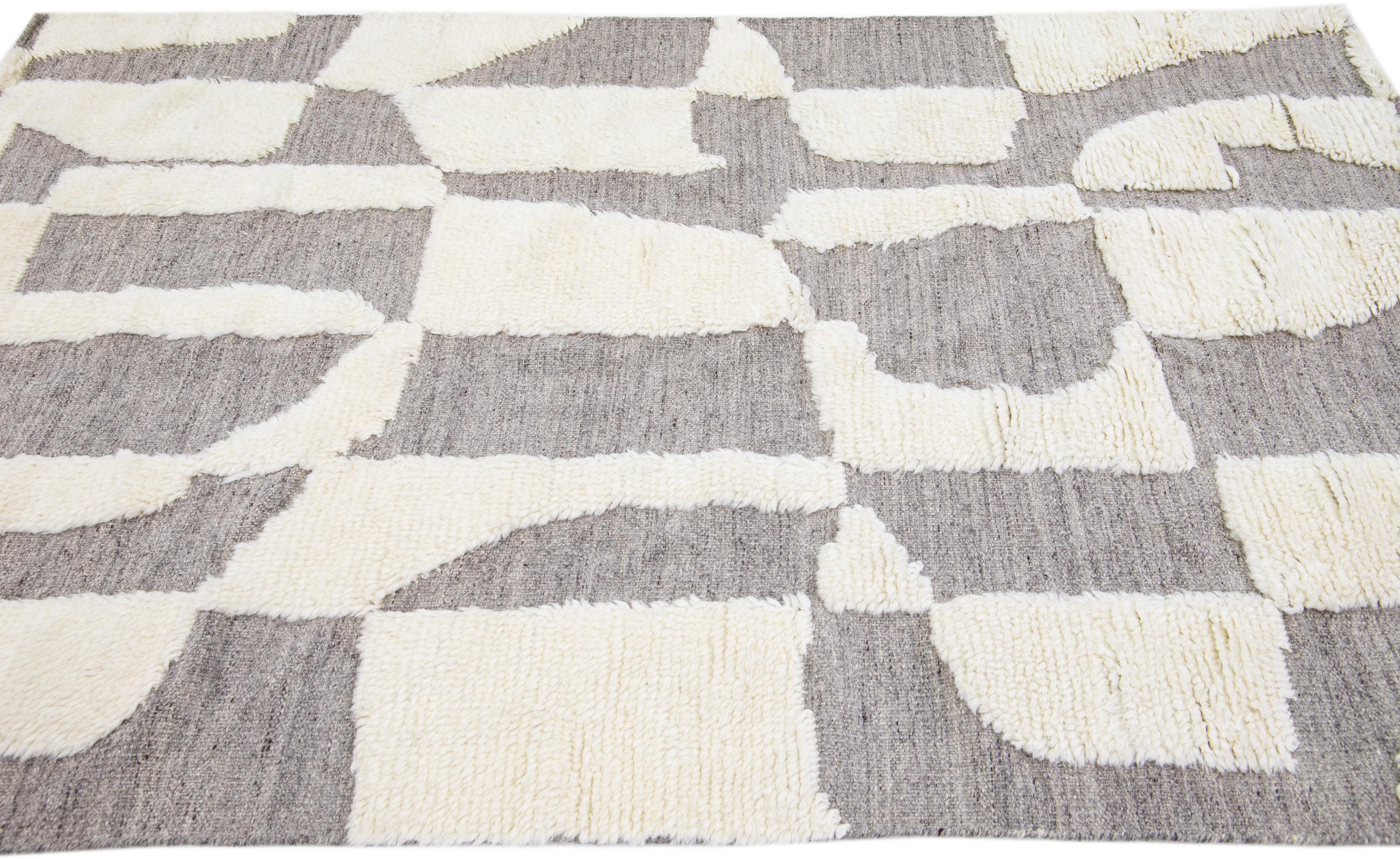 Hand-Knotted Modern Abstract Moroccan Style Handmade Wool Rug in White & Gray by Apadana For Sale