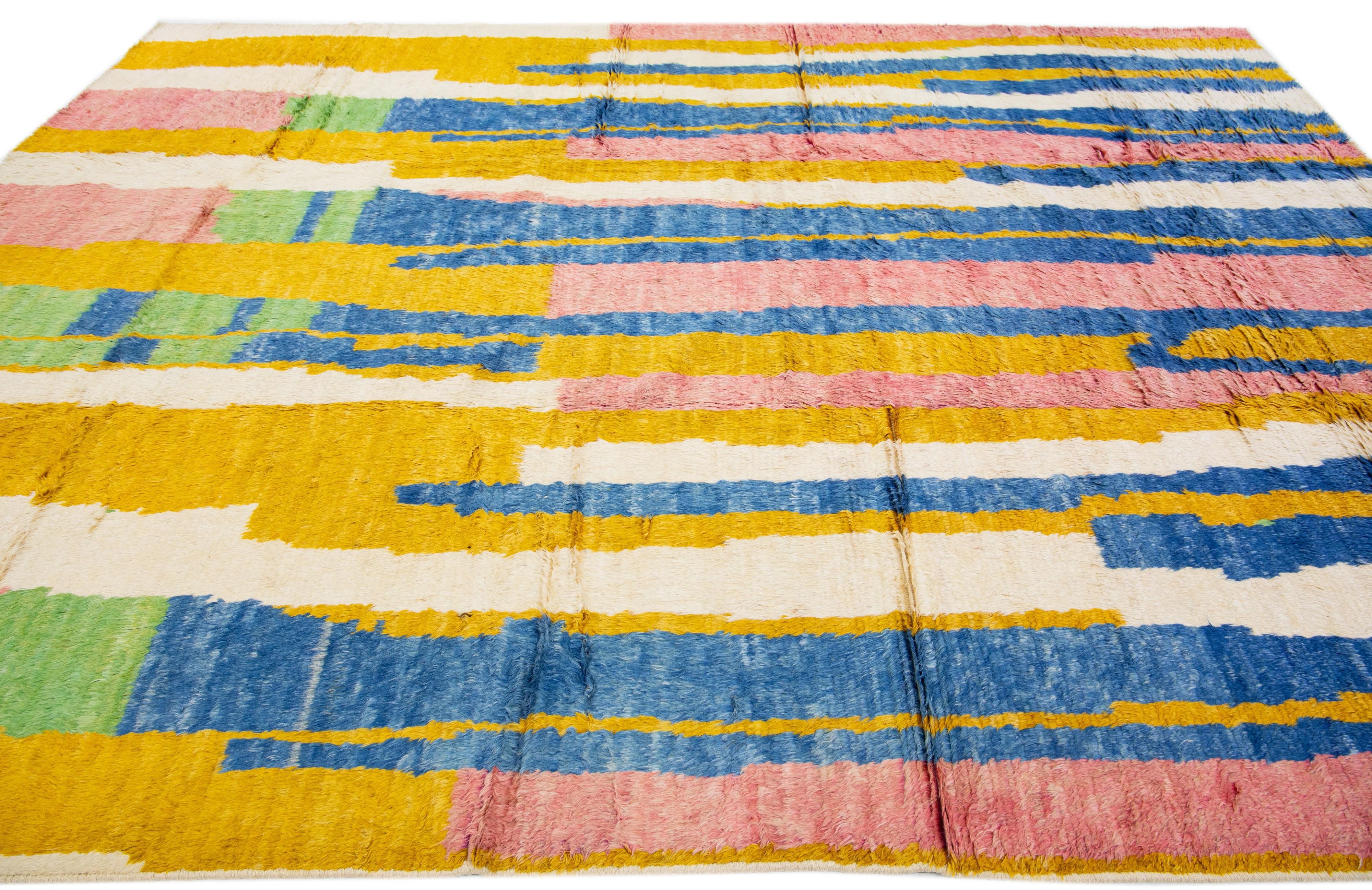 Hand-Knotted Modern Abstract Moroccan Style Wool Rug Handmade with Multicolor Design For Sale