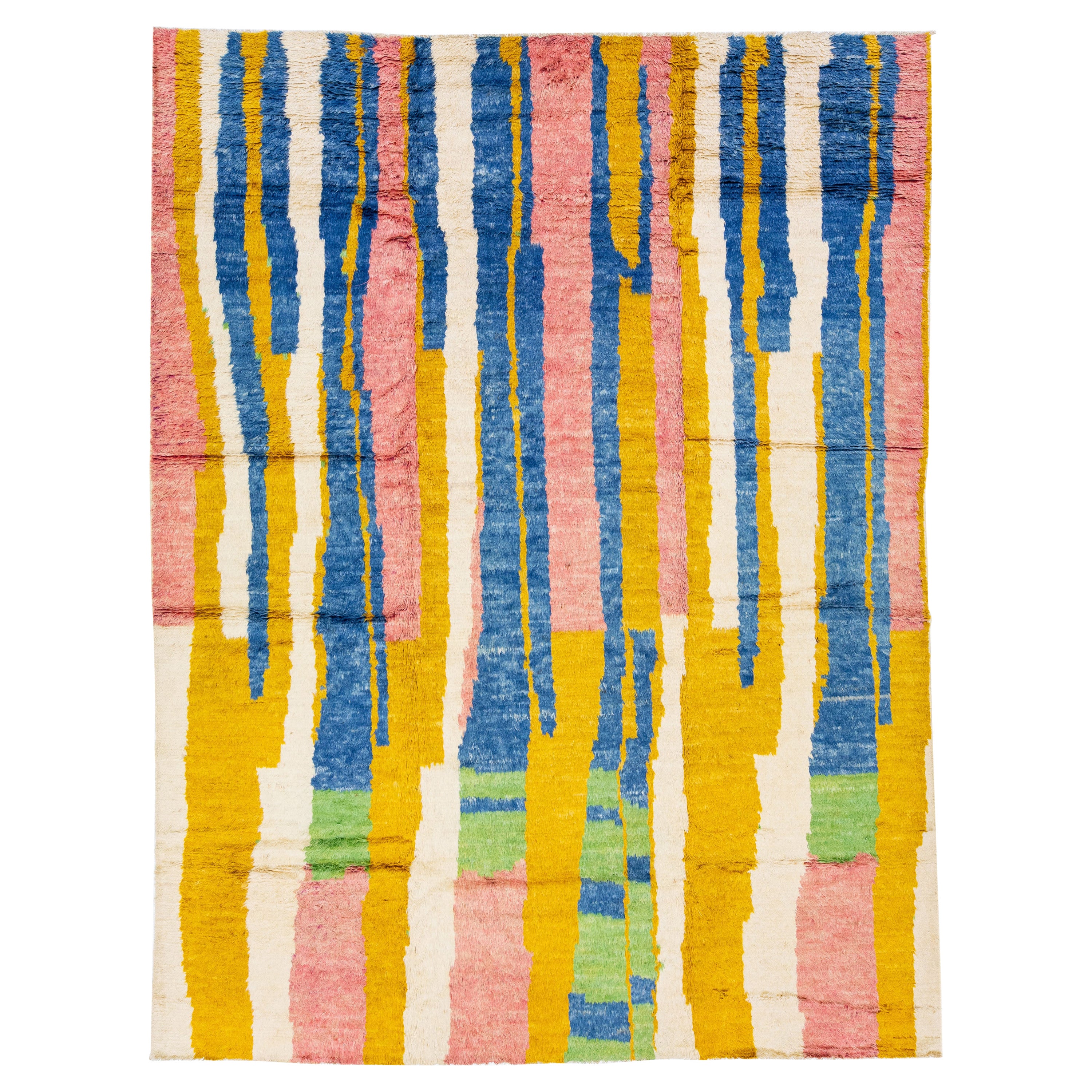 Modern Abstract Moroccan Style Wool Rug Handmade with Multicolor Design For Sale