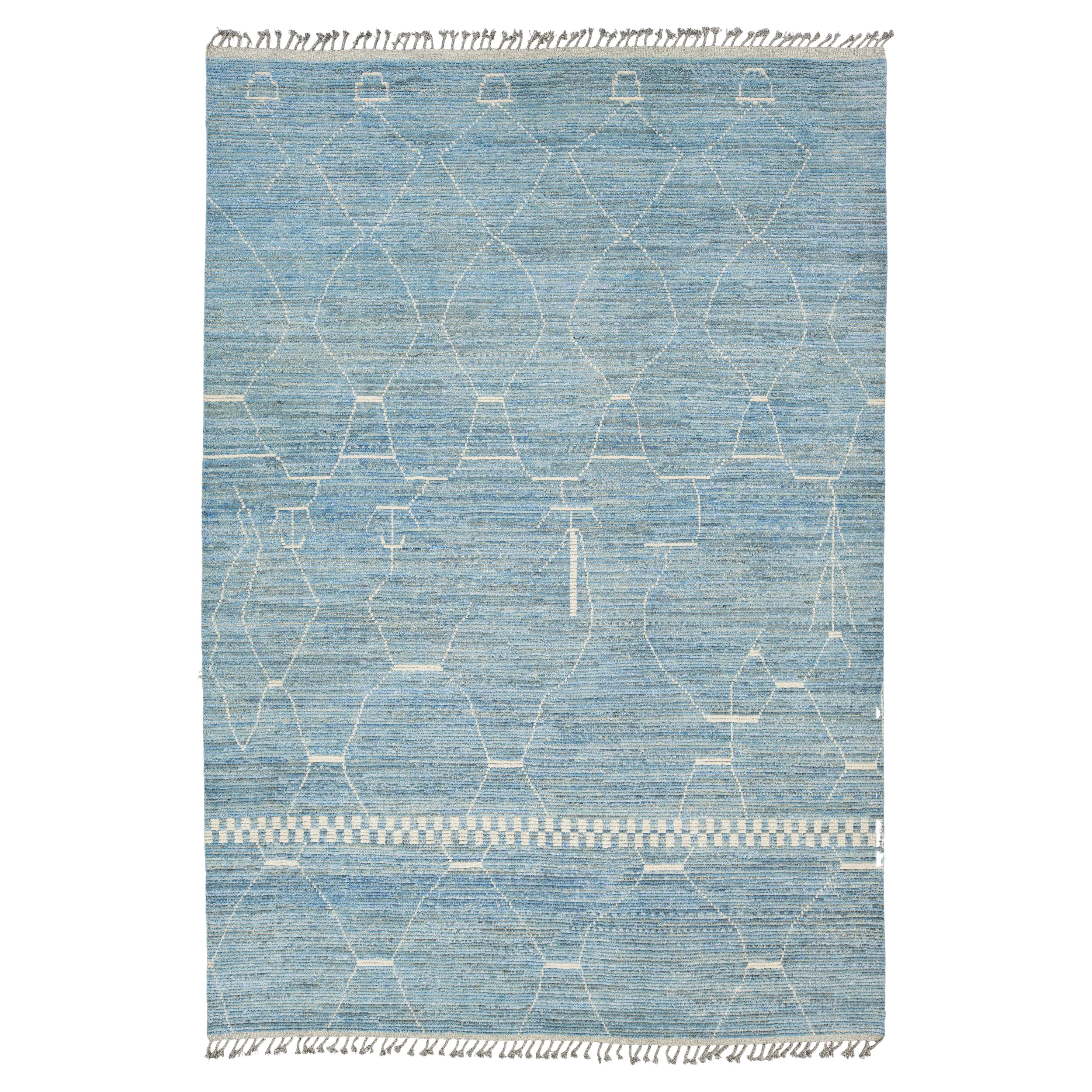 Modern Abstract Moroccan Style Wool Rug in Azure Blue and White, Hand-Knotted