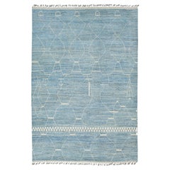 Modern Abstract Moroccan Style Wool Rug in Azure Blue and White, Hand-Knotted