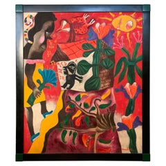 Pittura astratta moderna olio su tela 'Figure in un giardino' firmata Maciel
