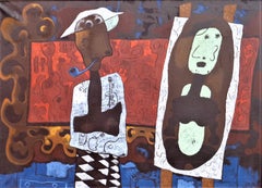 Pintura al Óleo Abstracta Moderna Autorretrato del Artista en Studio. Zoute' 1944