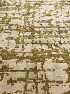 Modern Abstract Organic Grid Beige With Olive Silk Rug "Lichen"