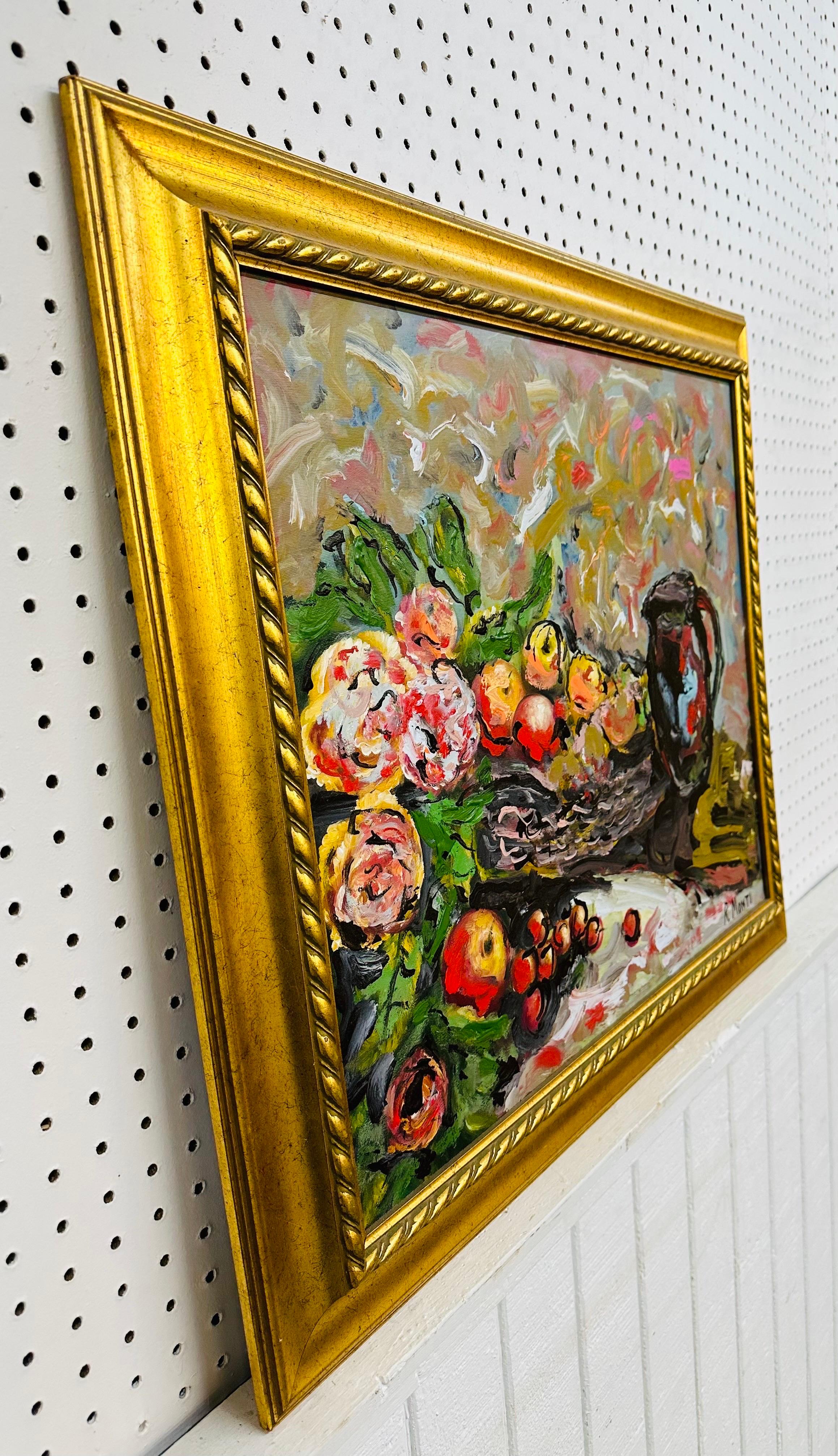 This listing is for a Modern Abstract Painting Signed R. Monti. Featuring a square shape, an abstract still life of a kitchen table, a signed bottom right corner, and a beautiful gold frame. This is an exceptional piece of art by listed artist R.