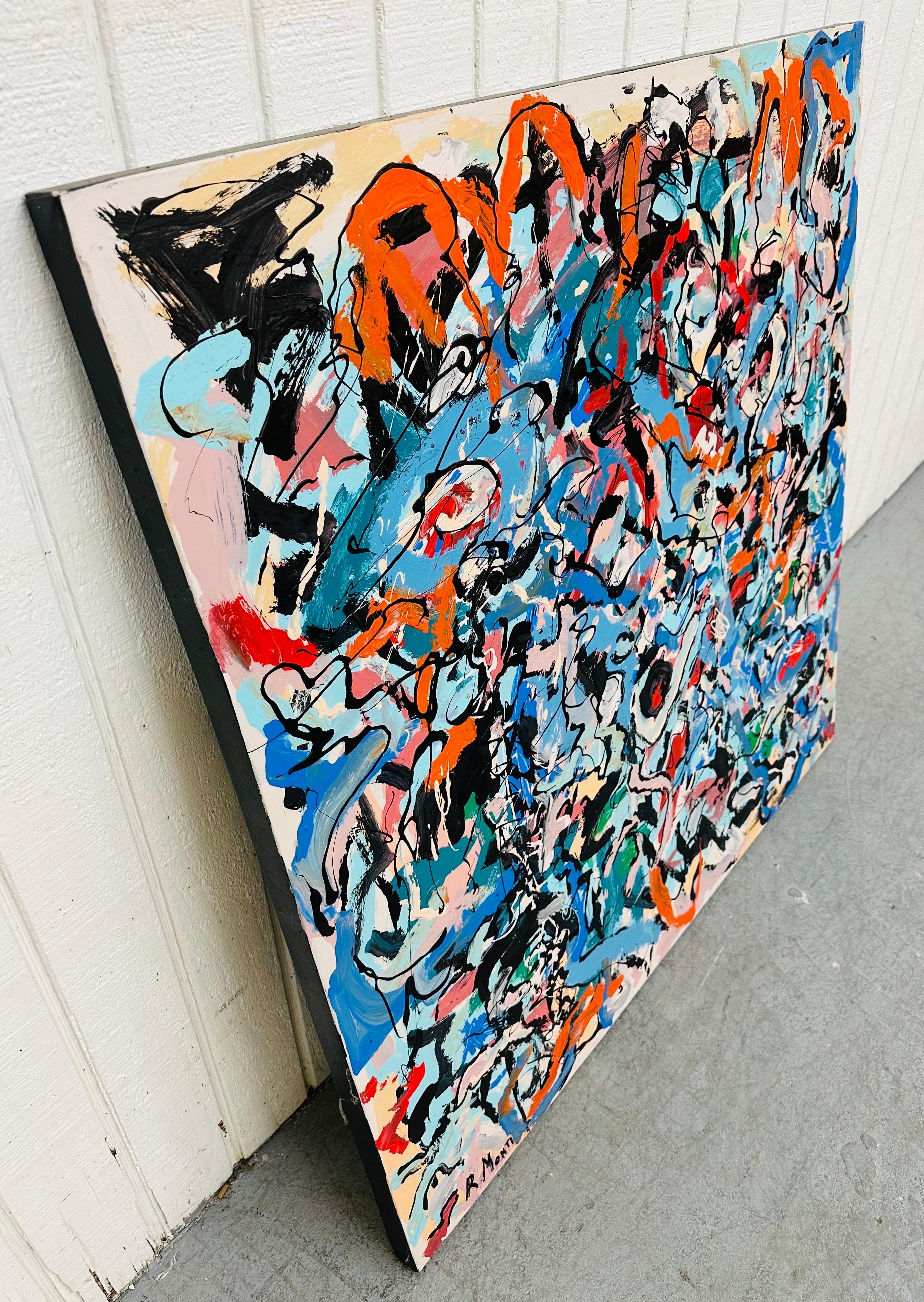 This listing is for a Modern Abstract Painting Signed R. Monti. Featuring a square shape, an abstract with an array of colors, and wire on the back for hanging. This is an exceptional piece by artist R. Monti.
