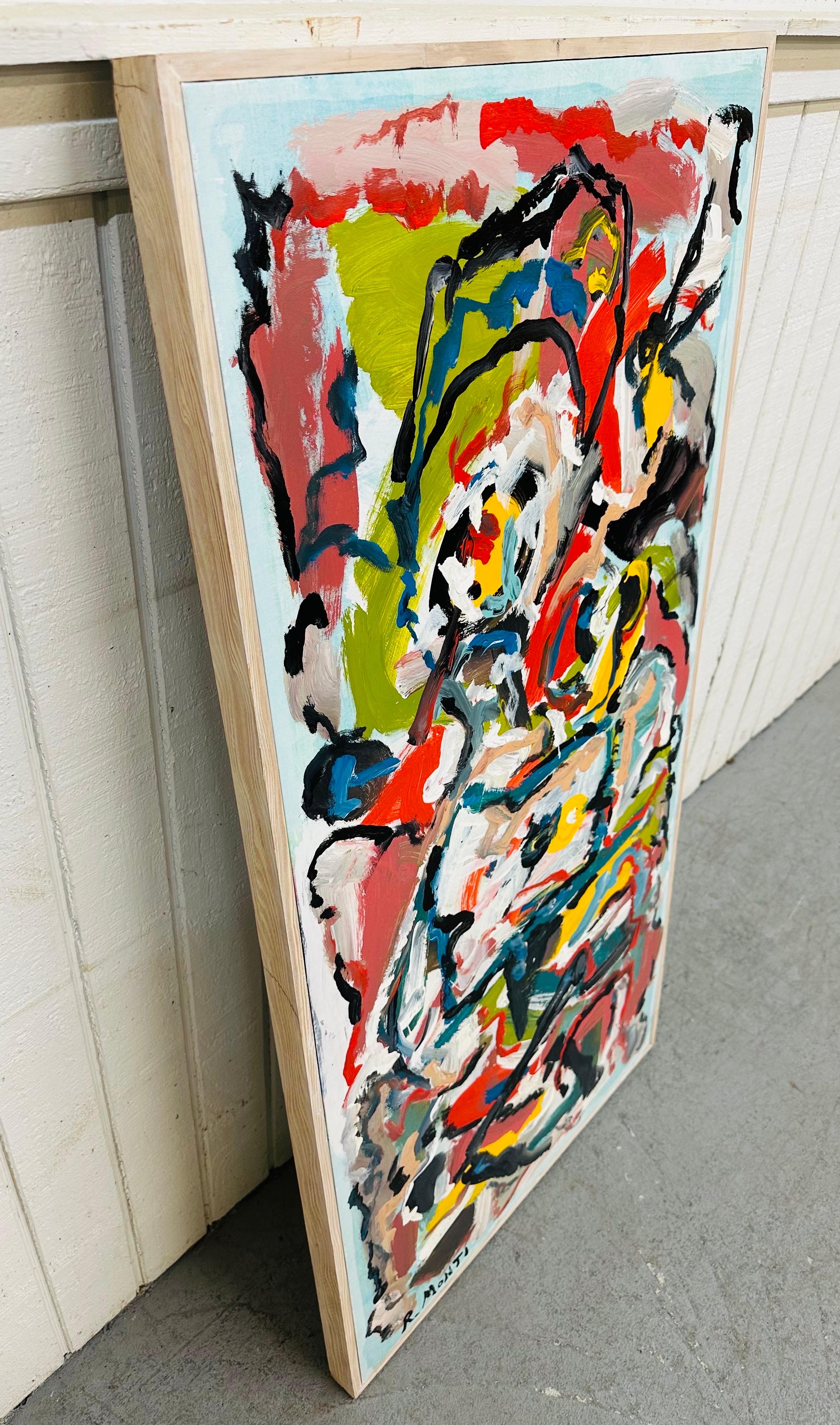 This listing is for a Modern Abstract Painting Signed R. Monti. Featuring a rectangular wooden frame, an array of colors, and a wire on the back for hanging. This is an exceptional piece of art done by listed artist R. Monti.