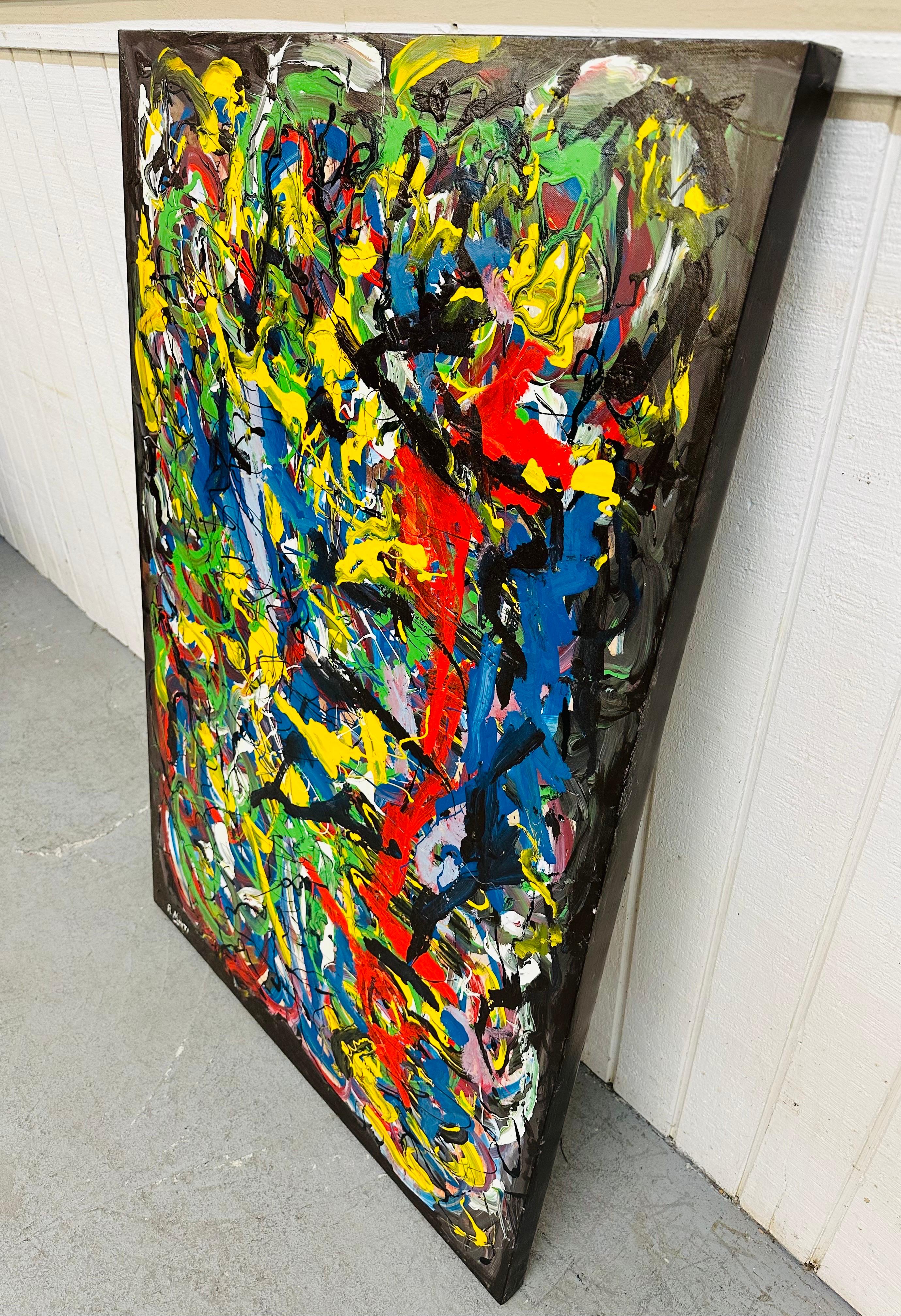 This listing is for a Modern Abstract Painting Signed R. Monti. Featuring a rectangular shape, an array of colors over a black background, and a signed bottom left corner. This is an exceptional piece of art by listed artist R. Monti.