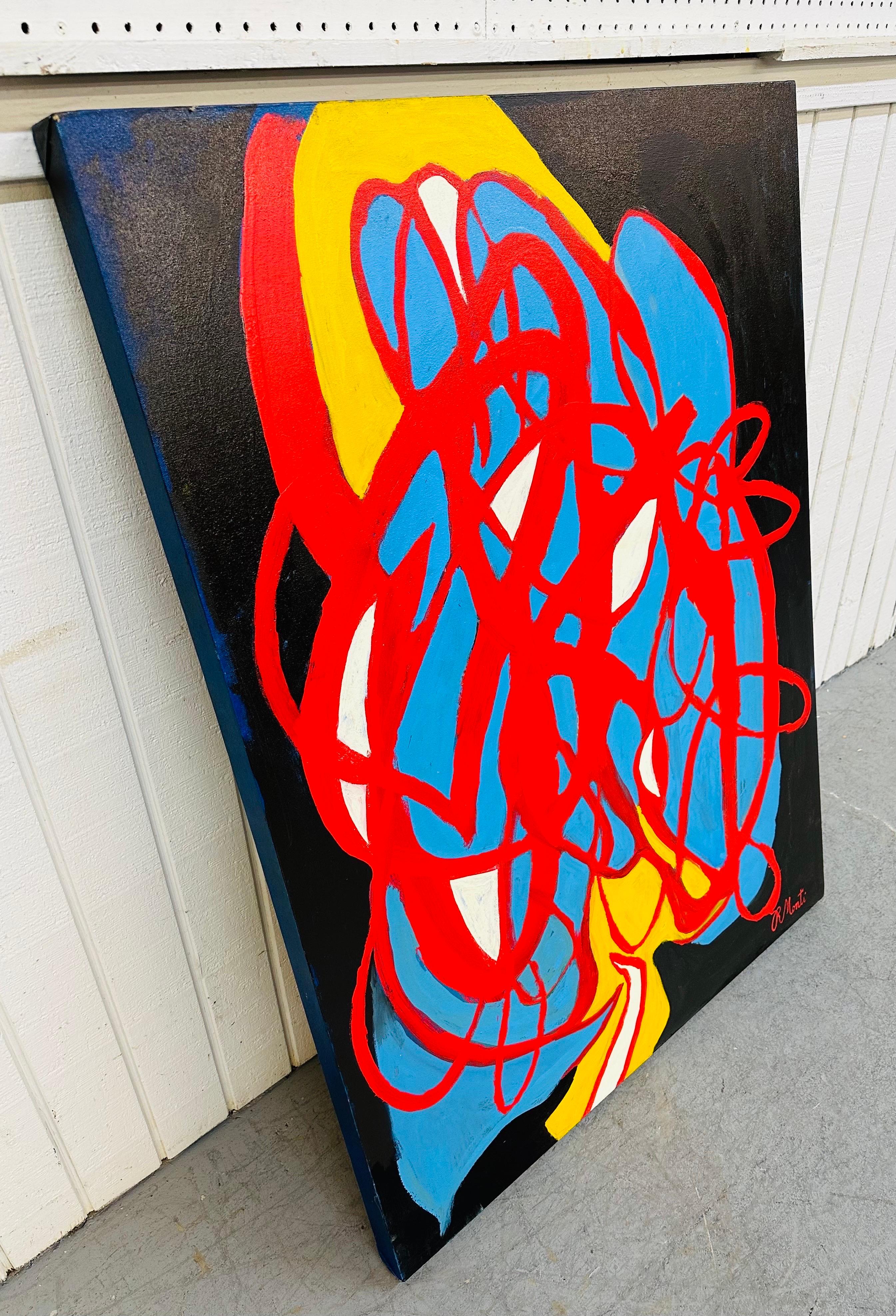 This listing is for a Modern Abstract Painting Signed R. Monti. Featuring a rectangular shape, an array of colors over a black background, and a signed bottom left corner. This is an exceptional piece of art by listed artist R. Monti.