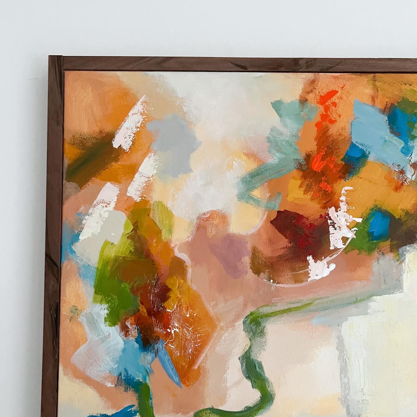 Modern Abstract Painting w/ Walnut Frame In New Condition In Asheville, NC
