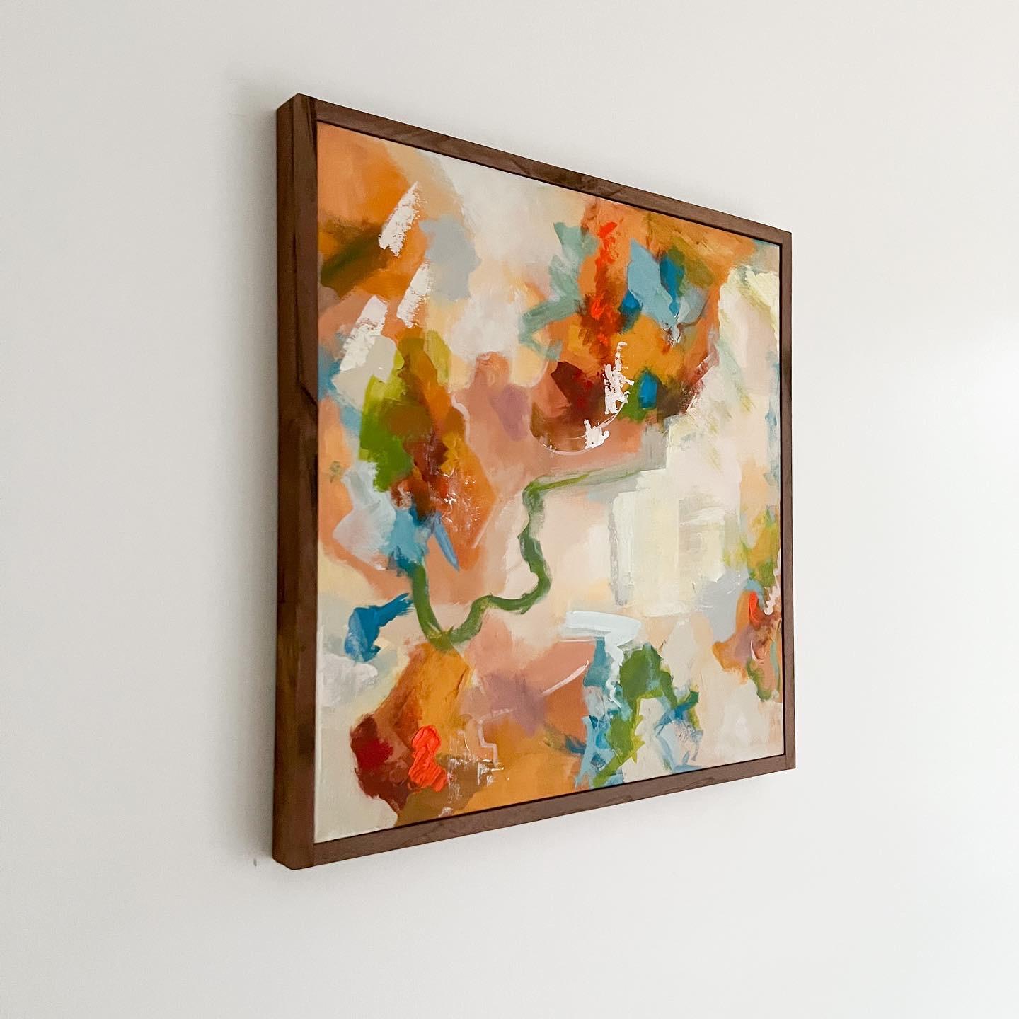 Canvas Modern Abstract Painting w/ Walnut Frame