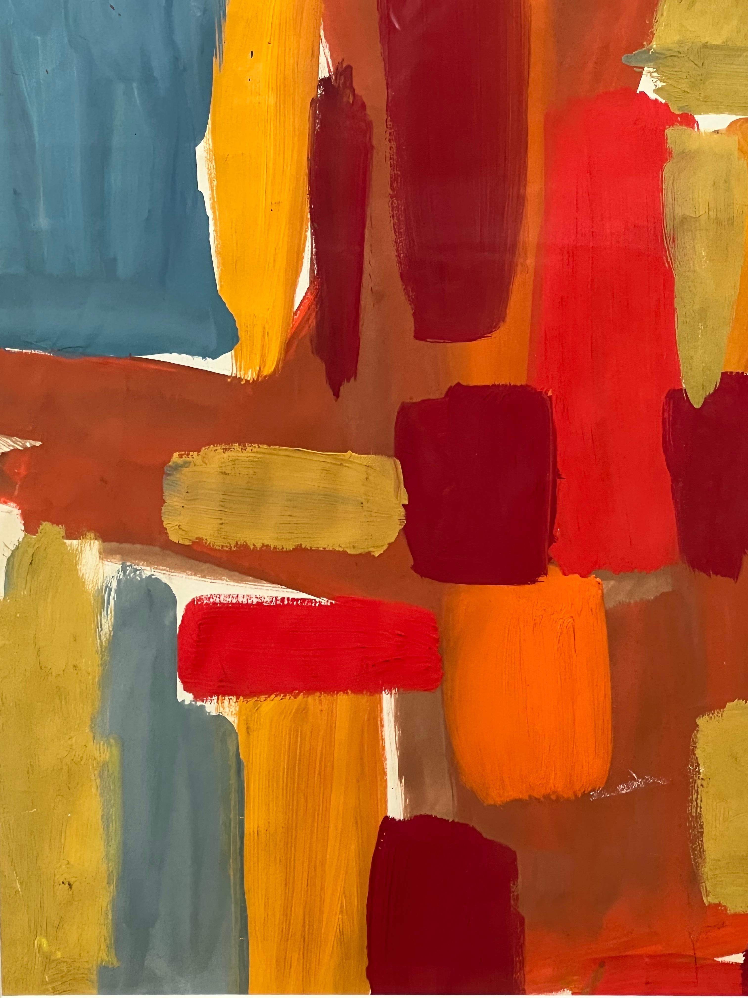 This piece by Jae Carmichael (1925-2005) features a patchwork gouache painting full of emotion and color, with broad strokes of yellow, red, green, and blue filling the artwork in horizontal and vertical directions. The overall impression of the