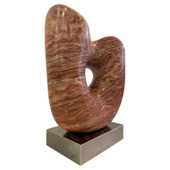 Modern Abstract Pink Marble Sculpture with Chrome Pedestal