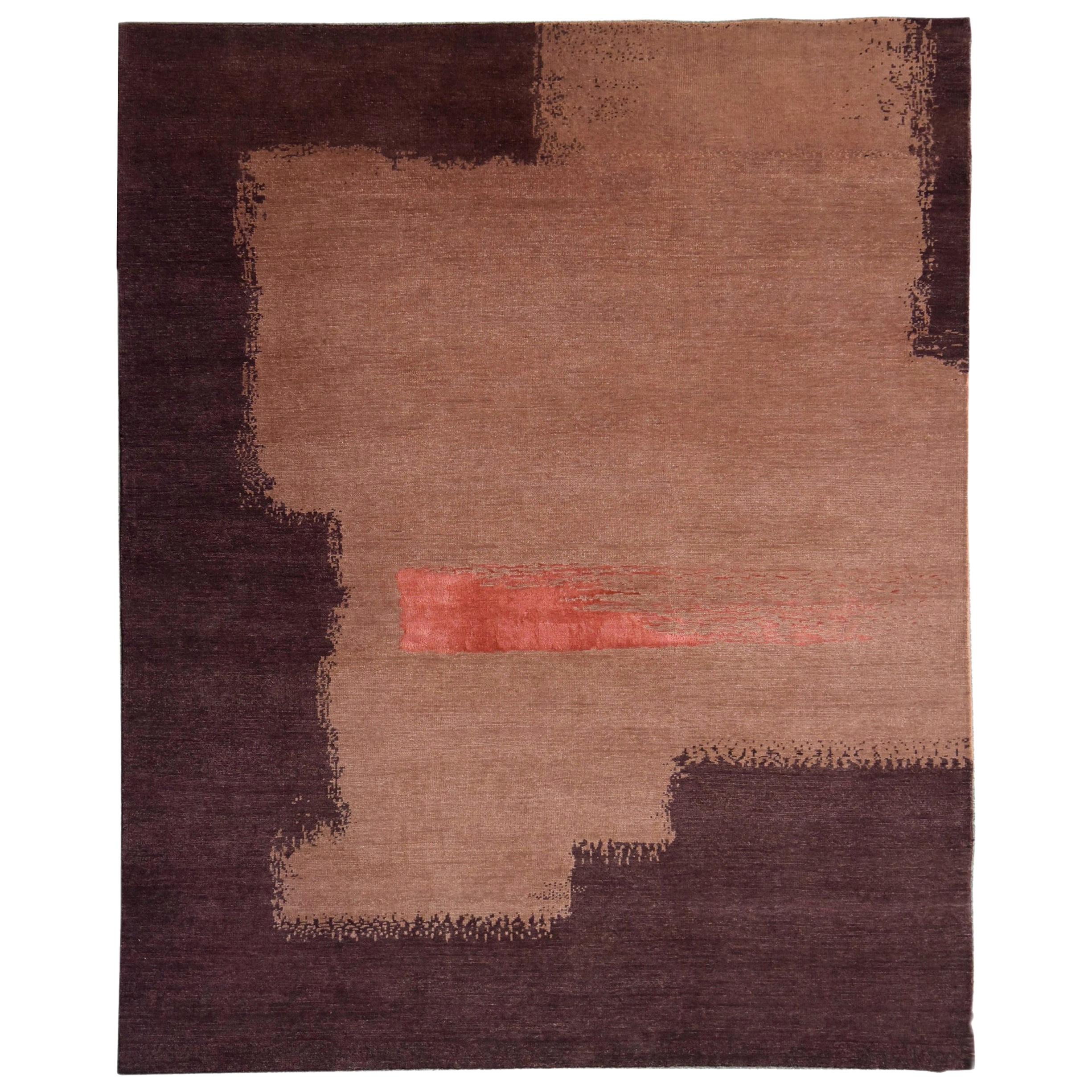 Modern Abstract Red Peach and Coral Hand-Knotted Wool and Silk Rug