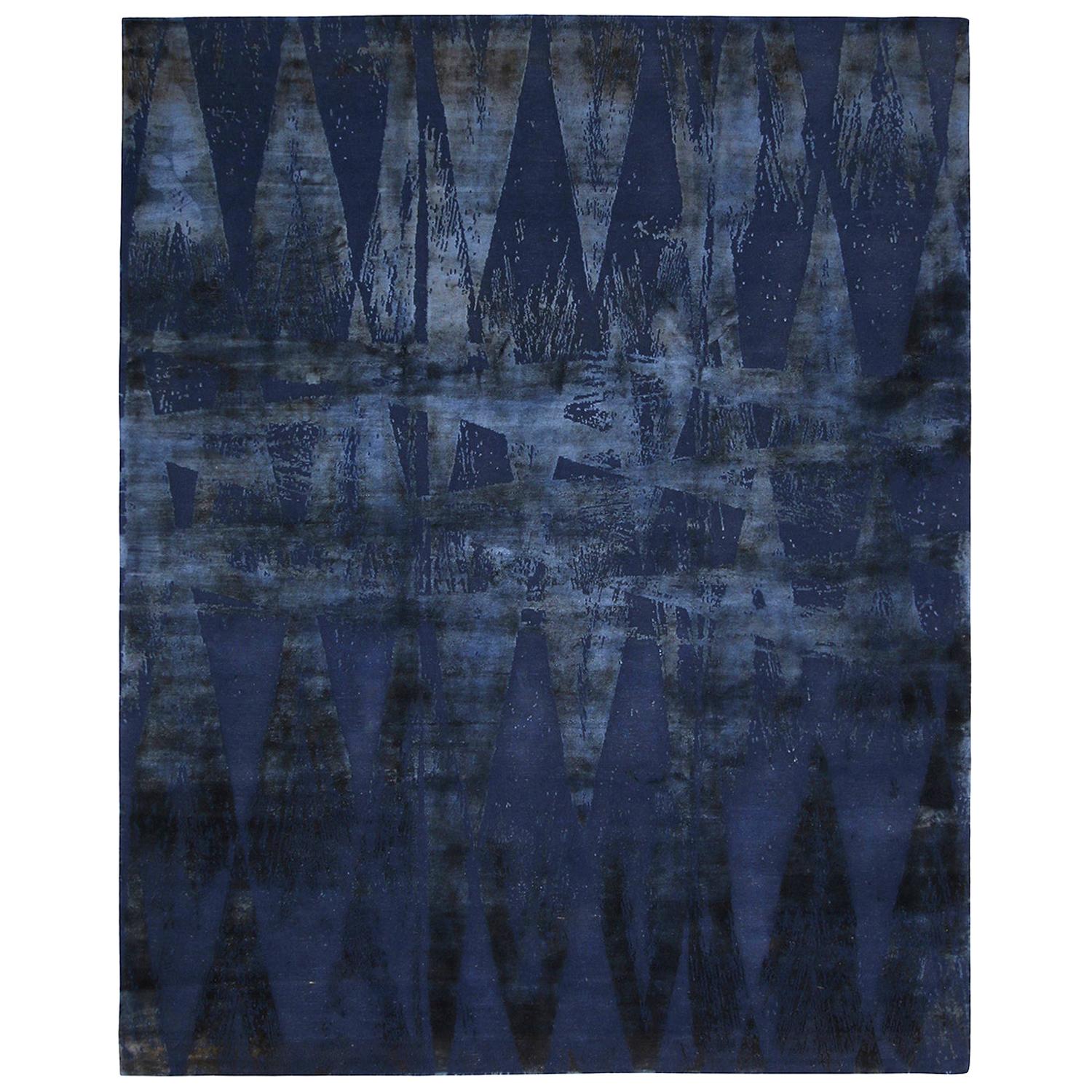 Modern Abstract Rug “Diamond Vintage” Blue Wool and Silk Geometric Pattern