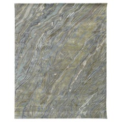Modern Abstract Rug – Hand-Tufted Wool & Viscose – Blue, Gold, and Grey