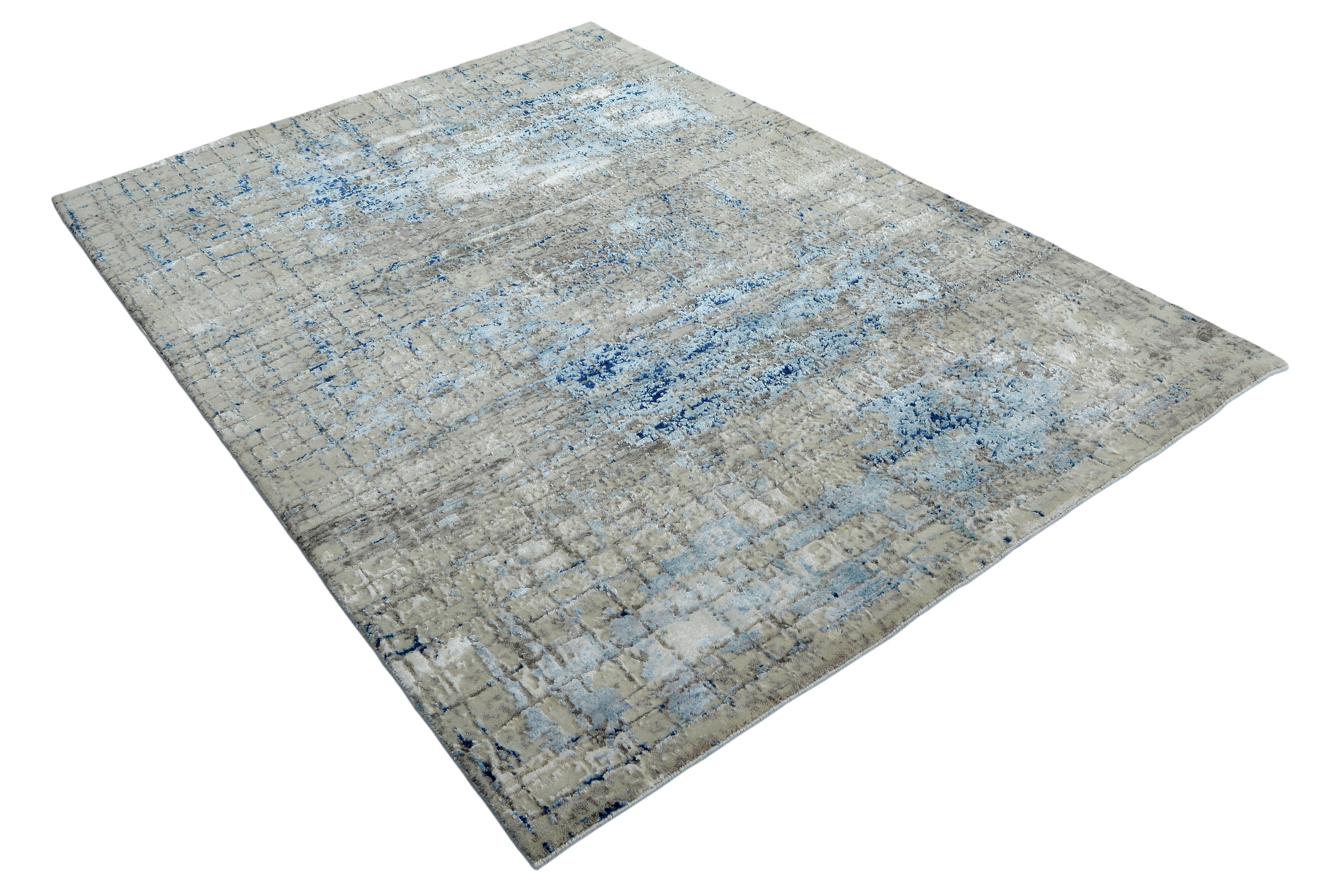 Indian Modern Abstract Rug in Beige and Blue All-Over Geometric Pattern by Rug & Kilim