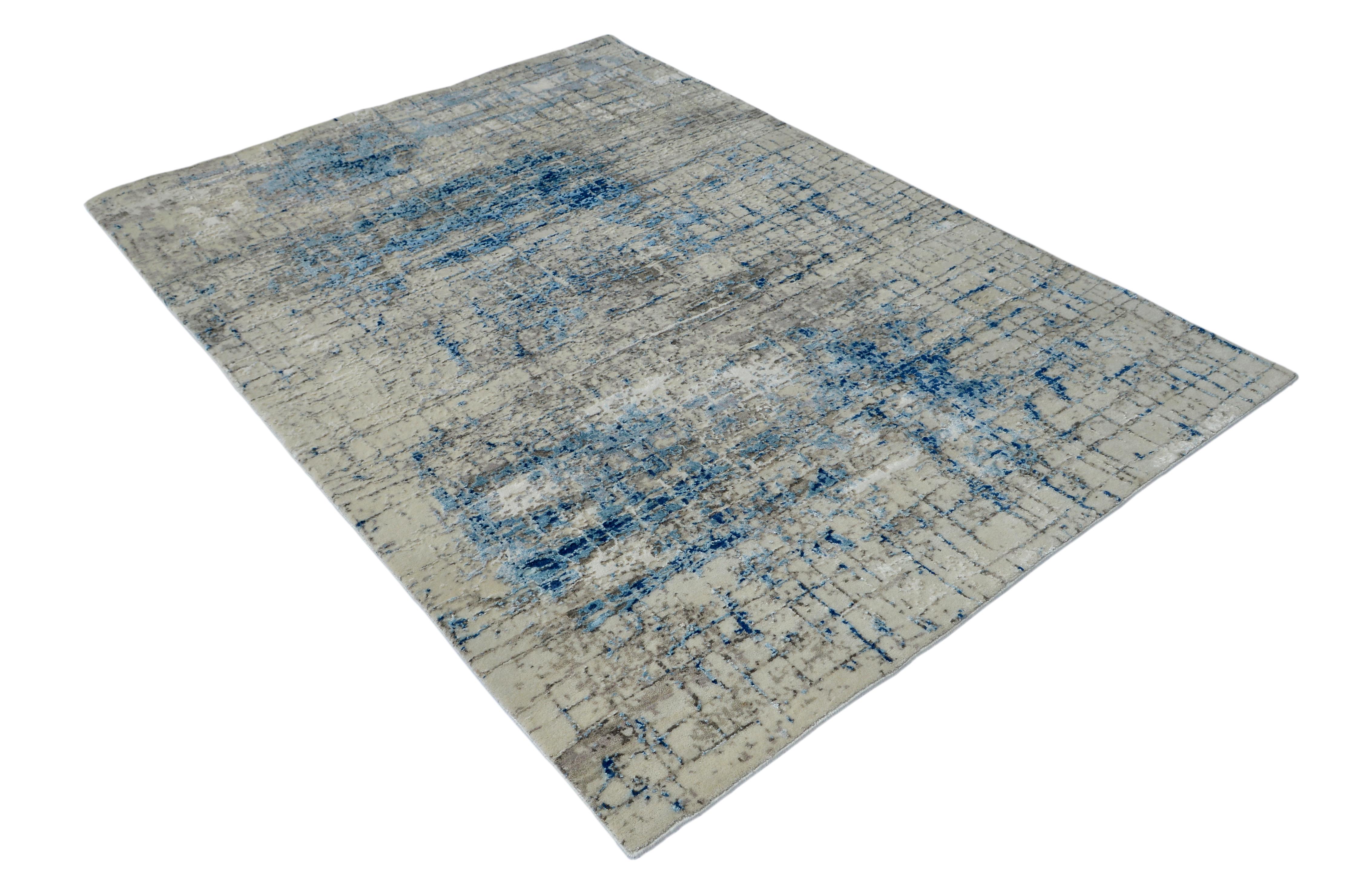 Hand-Knotted Modern Abstract Rug in Beige and Blue All-Over Geometric Pattern by Rug & Kilim