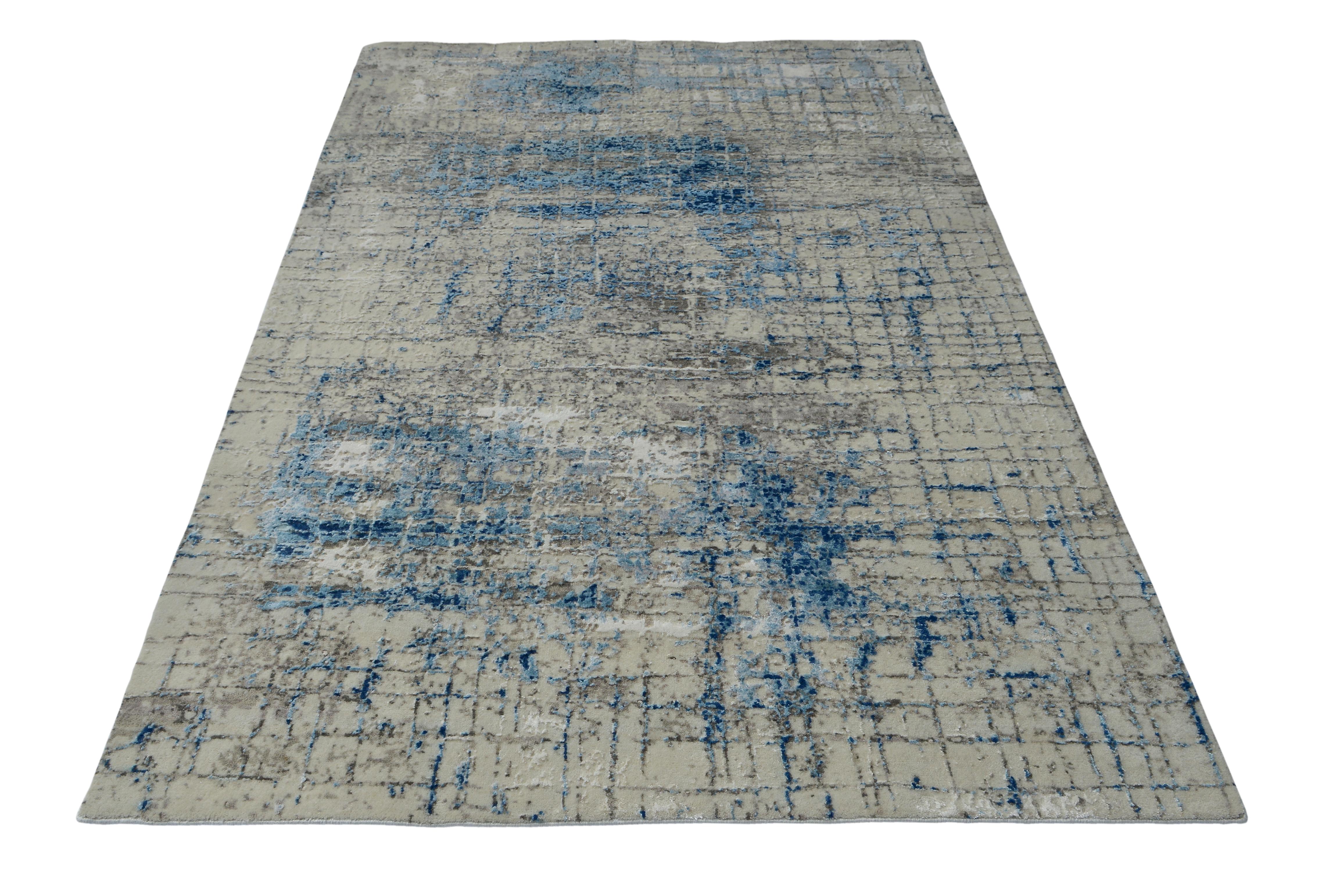 Modern Abstract Rug in Beige and Blue All-Over Geometric Pattern by Rug & Kilim In New Condition In Long Island City, NY