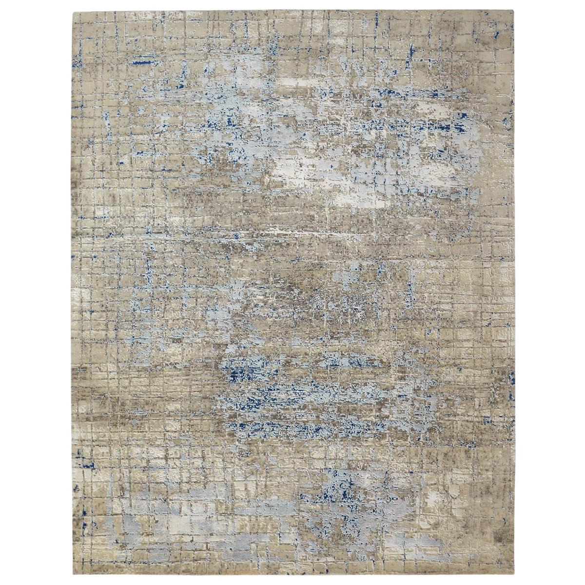 Modern Abstract Rug in Beige and Blue All-Over Geometric Pattern by Rug & Kilim