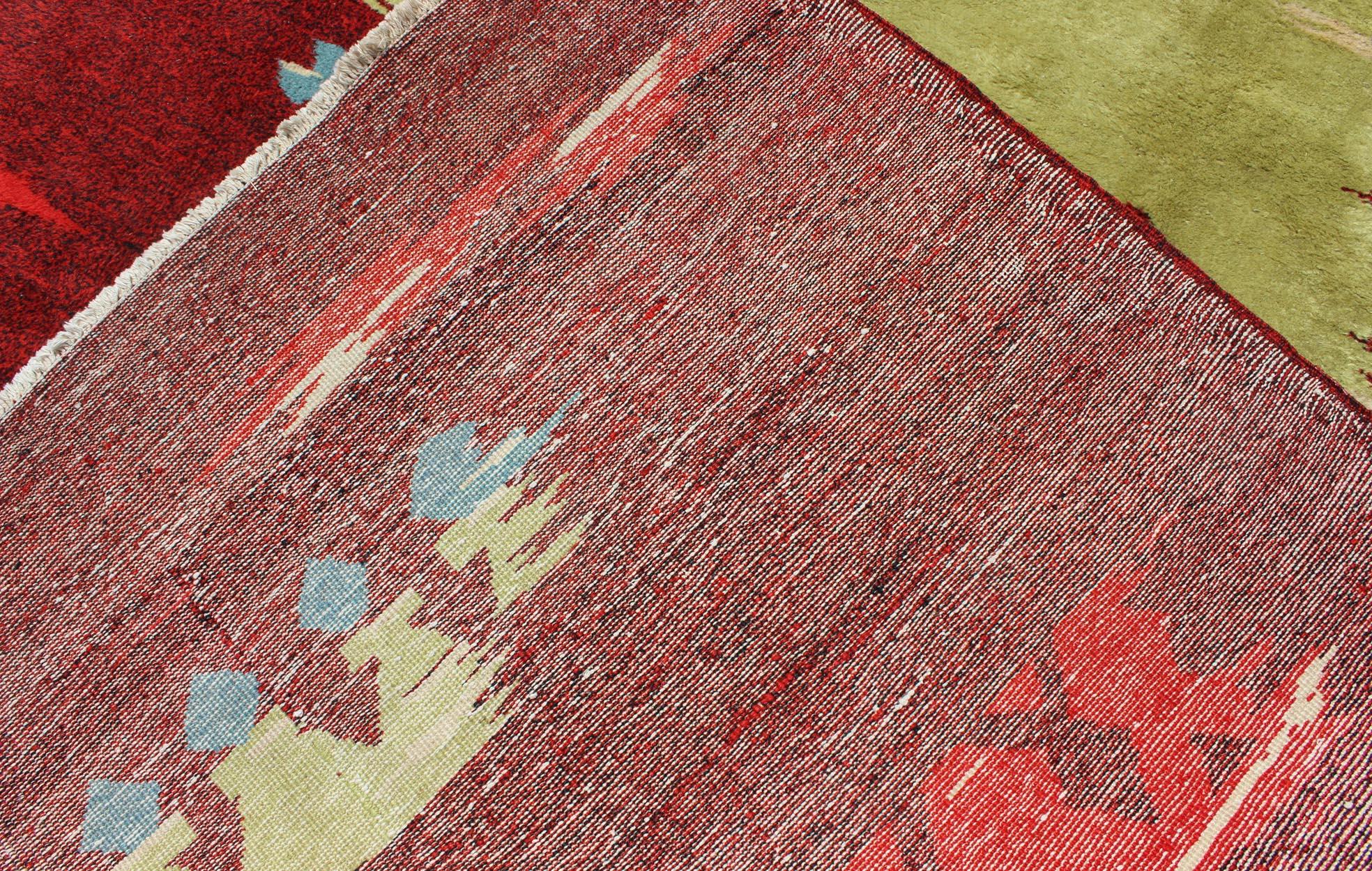Modern Abstract Rug in  Maroon, Barn Red, Carmine, Crimson and Lime Green For Sale 4