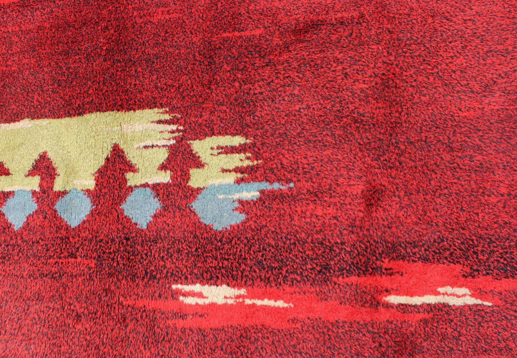 Modern Abstract Rug in  Maroon, Barn Red, Carmine, Crimson and Lime Green In Excellent Condition For Sale In Atlanta, GA