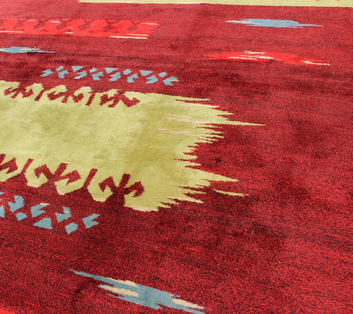 Mid-20th Century Modern Abstract Rug in  Maroon, Barn Red, Carmine, Crimson and Lime Green For Sale