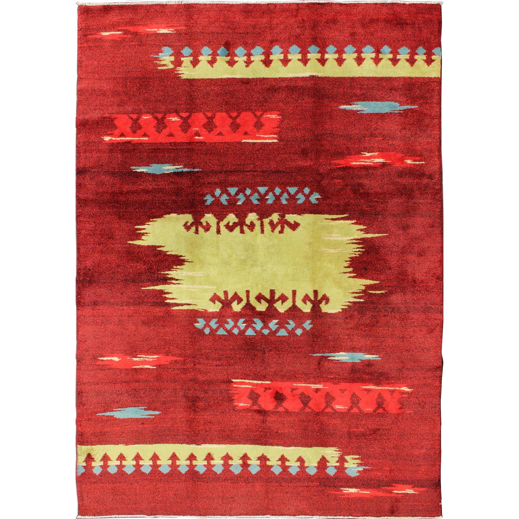 Modern Abstract Rug in  Maroon, Barn Red, Carmine, Crimson and Lime Green For Sale