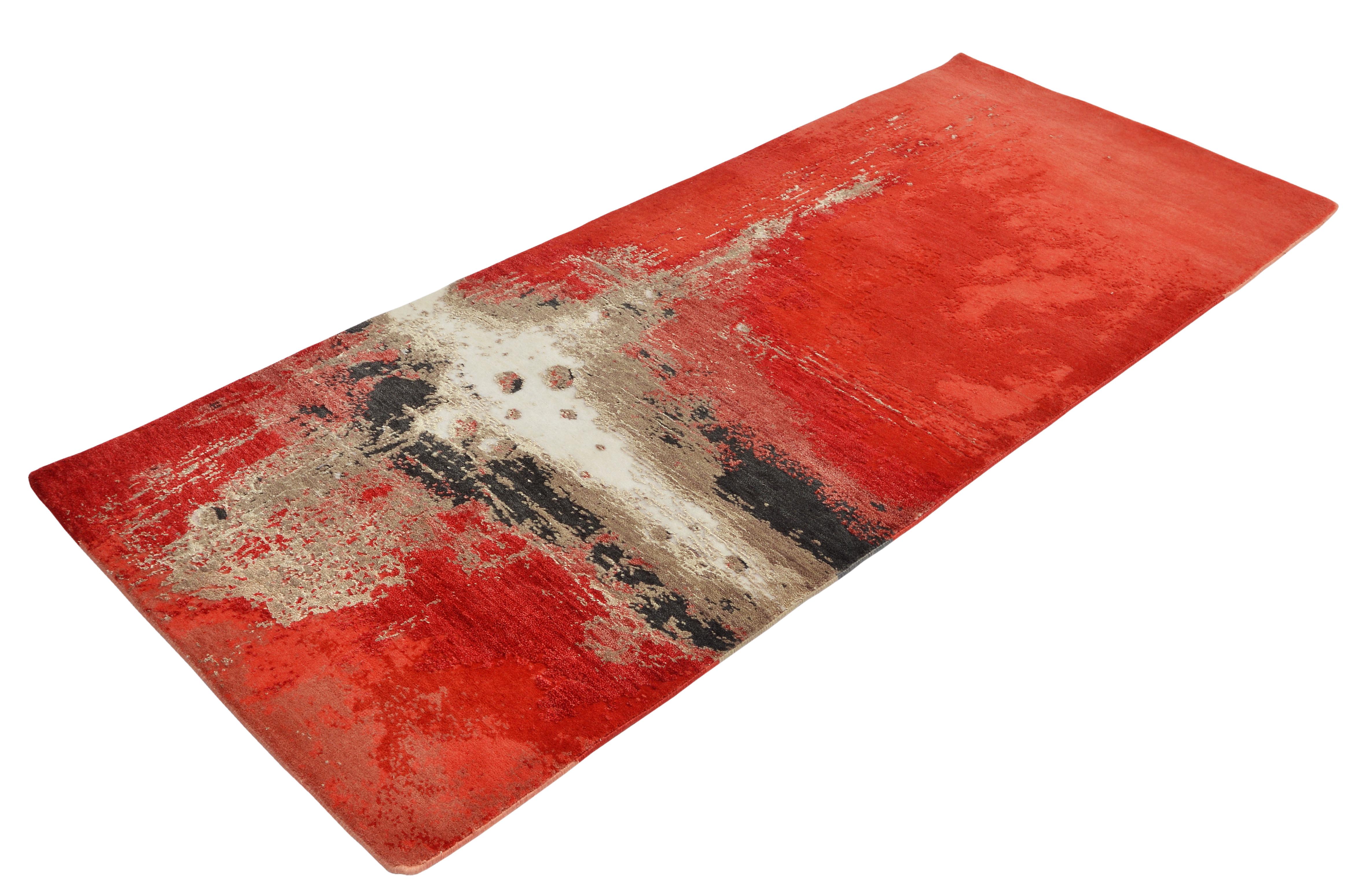 Indian Modern Abstract Rug in Red and Beige Painterly Pattern by Rug & Kilim