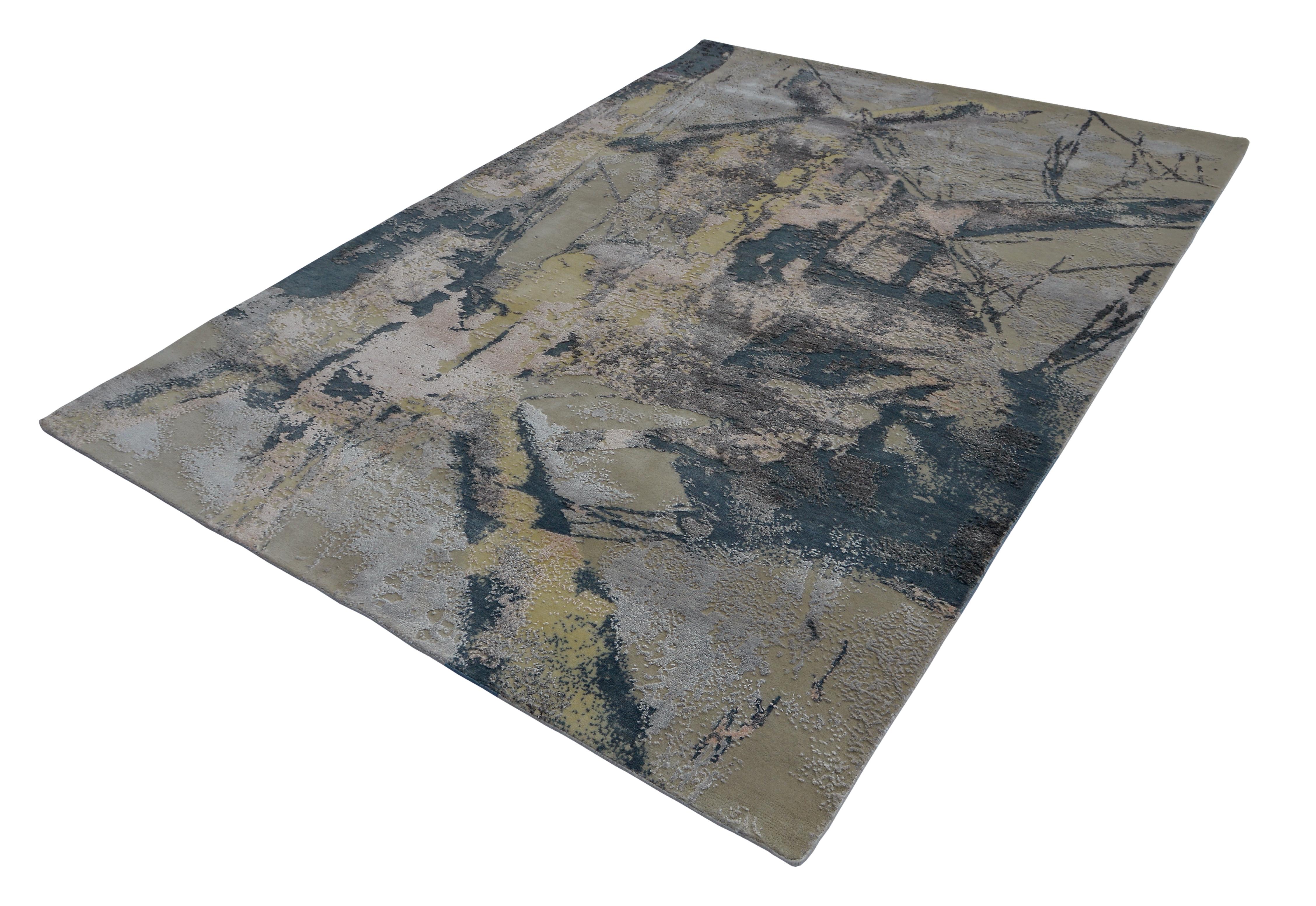 Indian Modern Abstract Rug with Beige and Black Distressed Pattern by Rug & Kilim