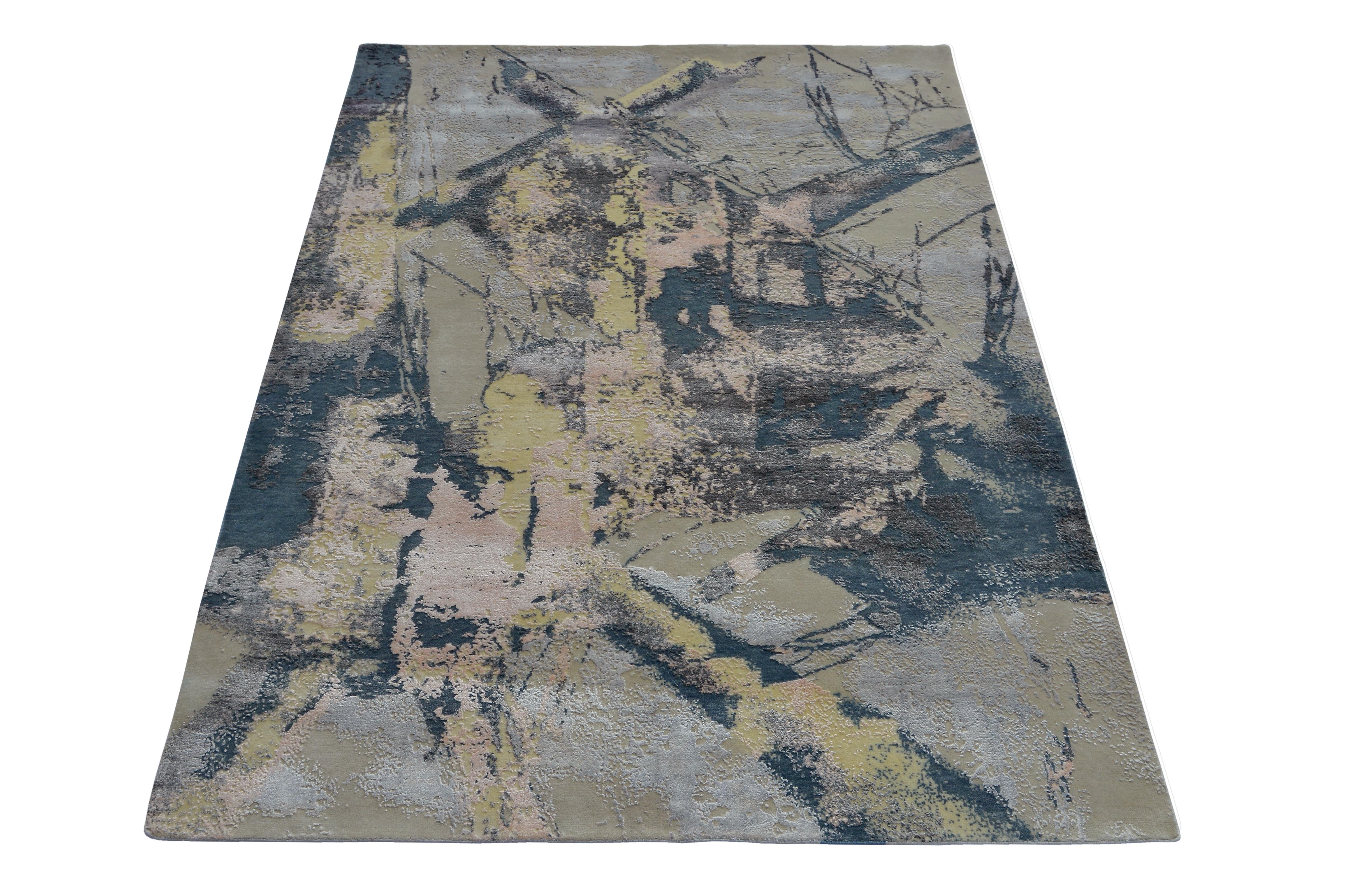 Hand-Knotted Modern Abstract Rug with Beige and Black Distressed Pattern by Rug & Kilim