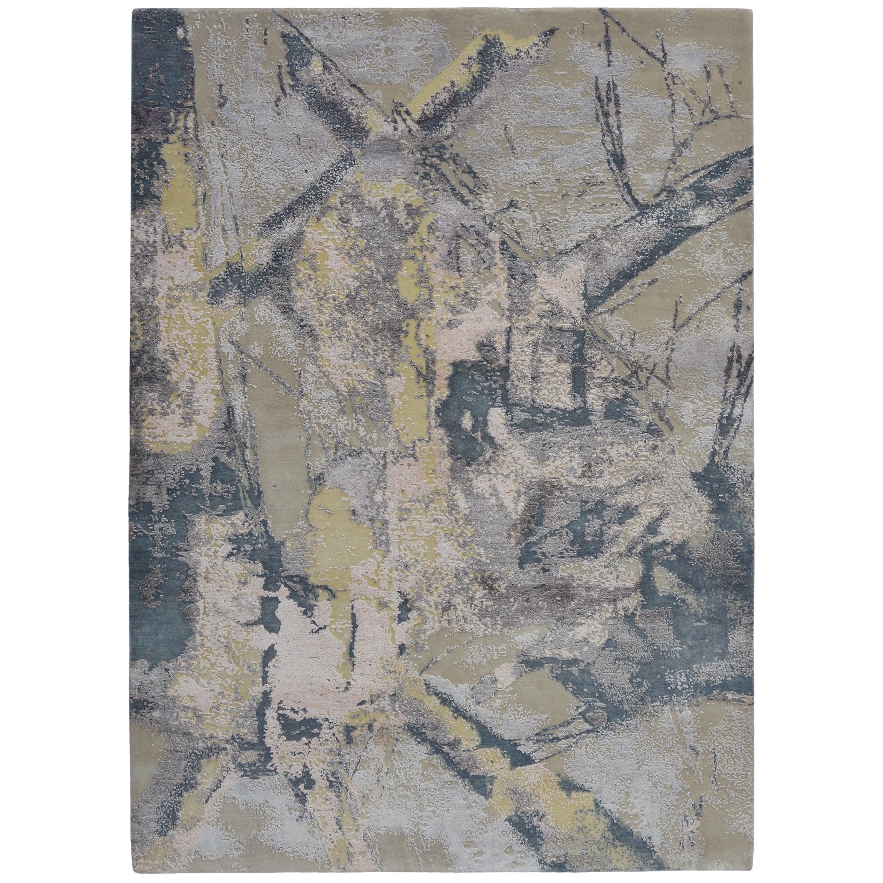 Modern Abstract Rug with Beige and Black Distressed Pattern by Rug & Kilim