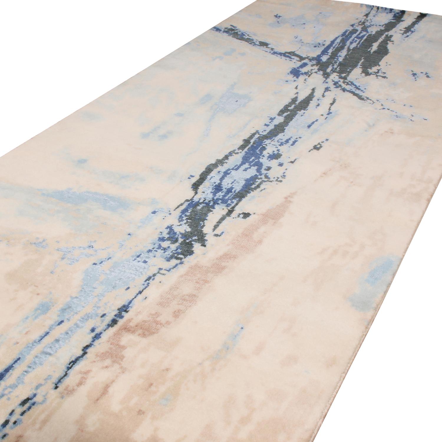 A new addition to the handmade rugs in the abstract rug line by Rug & Kilim, this 2'9'' X 6'8'' modern runner is hand knotted in a unique, proprietary blend of quality wool and silk, the natural luster of the latter bringing out transitional hues of