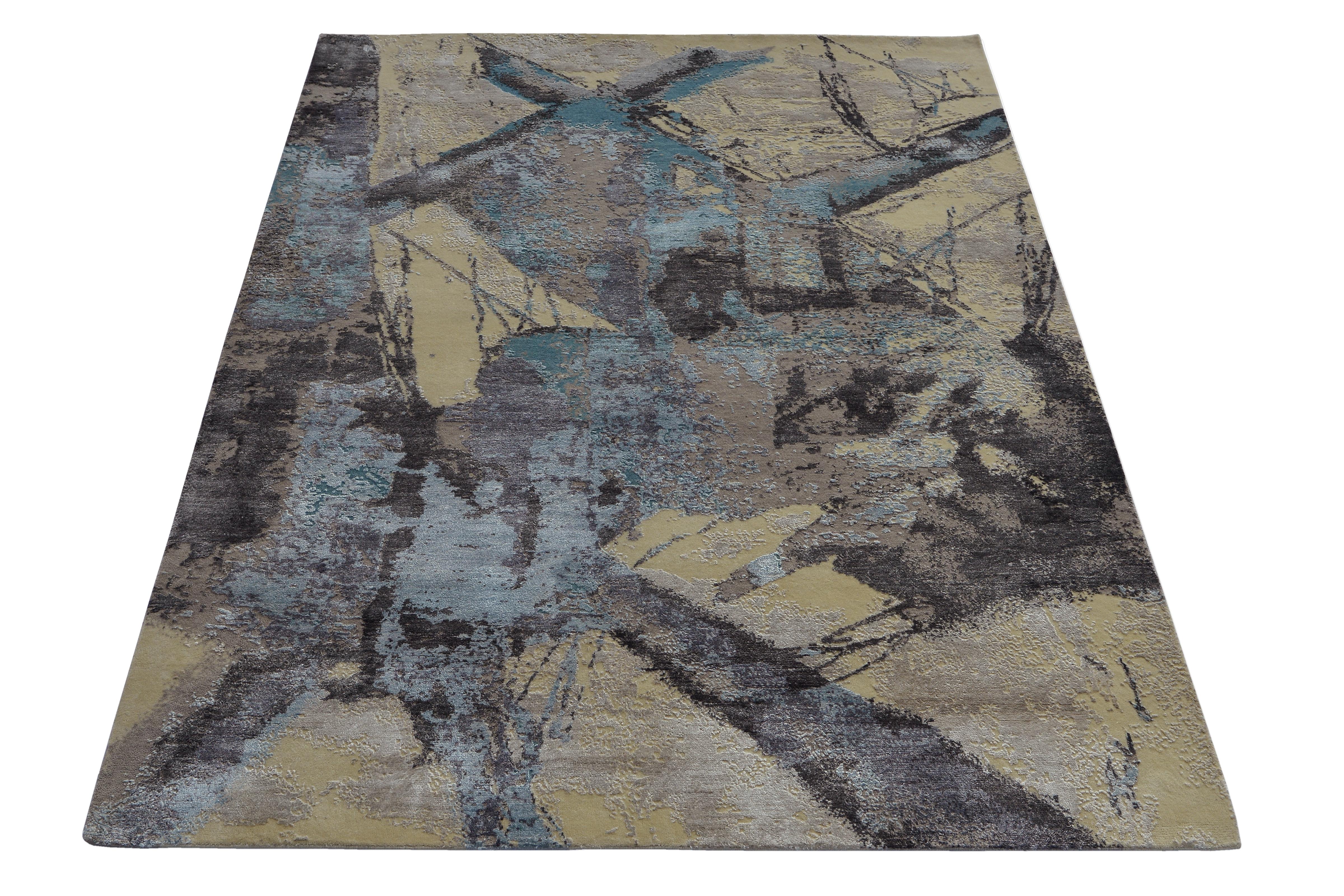 Hand-Knotted Modern Abstract Rug with Beige Gray and Blue All-Over Pattern by Rug & Kilim