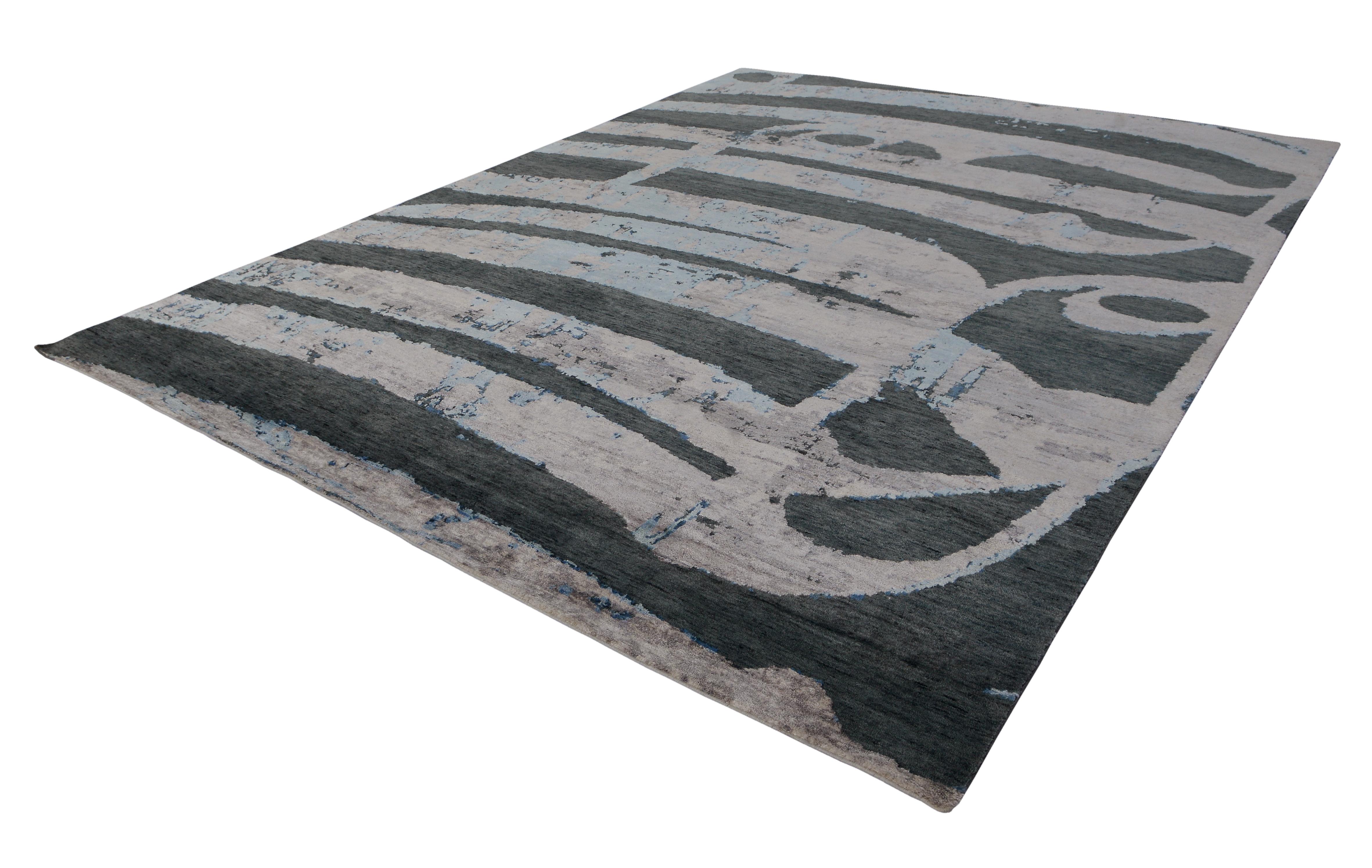 Hand-Knotted Modern Abstract Rug with Beige Gray and Blue Striped Pattern by Rug & Kilim
