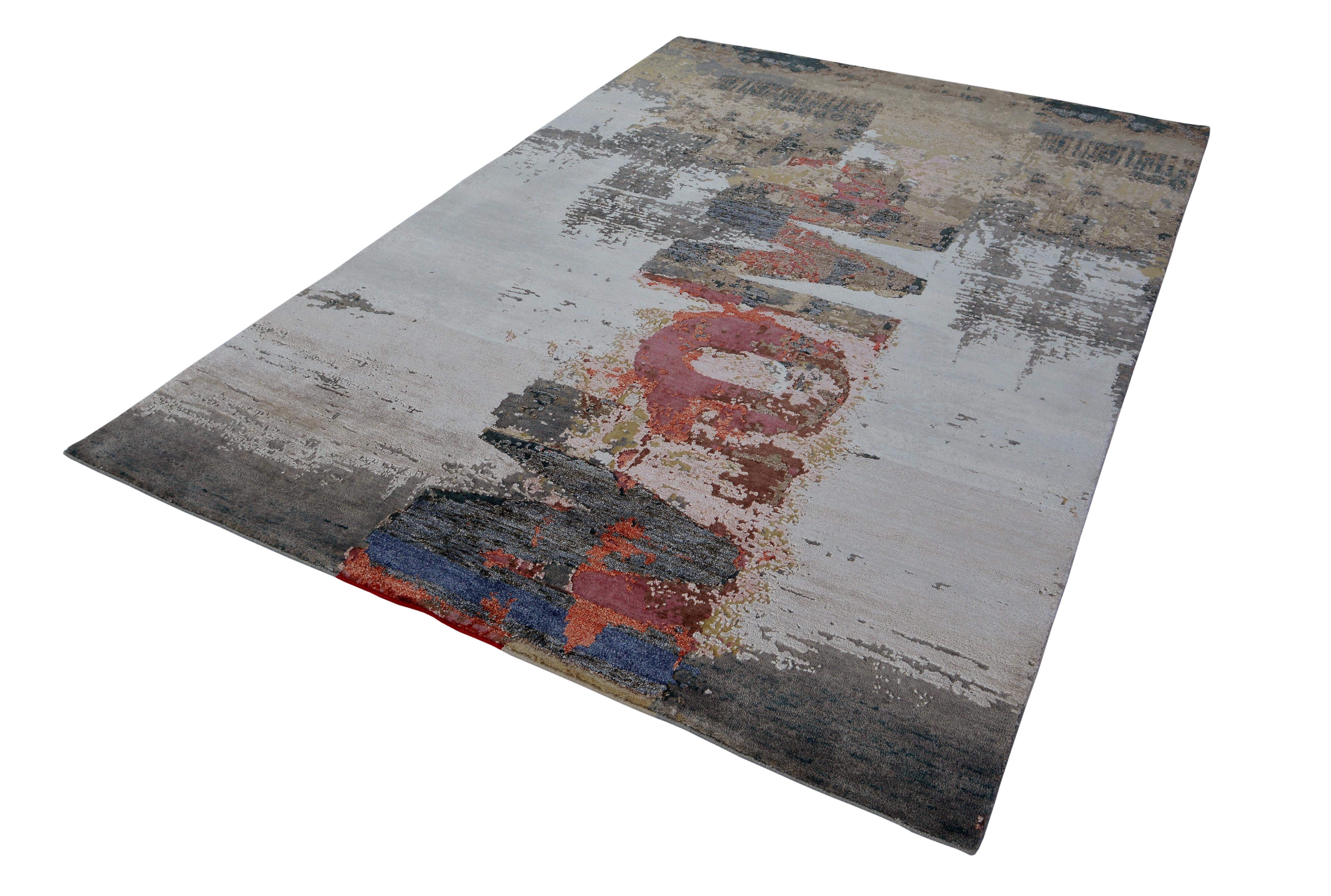 Indian Modern Abstract Rug with Beige Gray and Red All-Over Pattern by Rug & Kilim