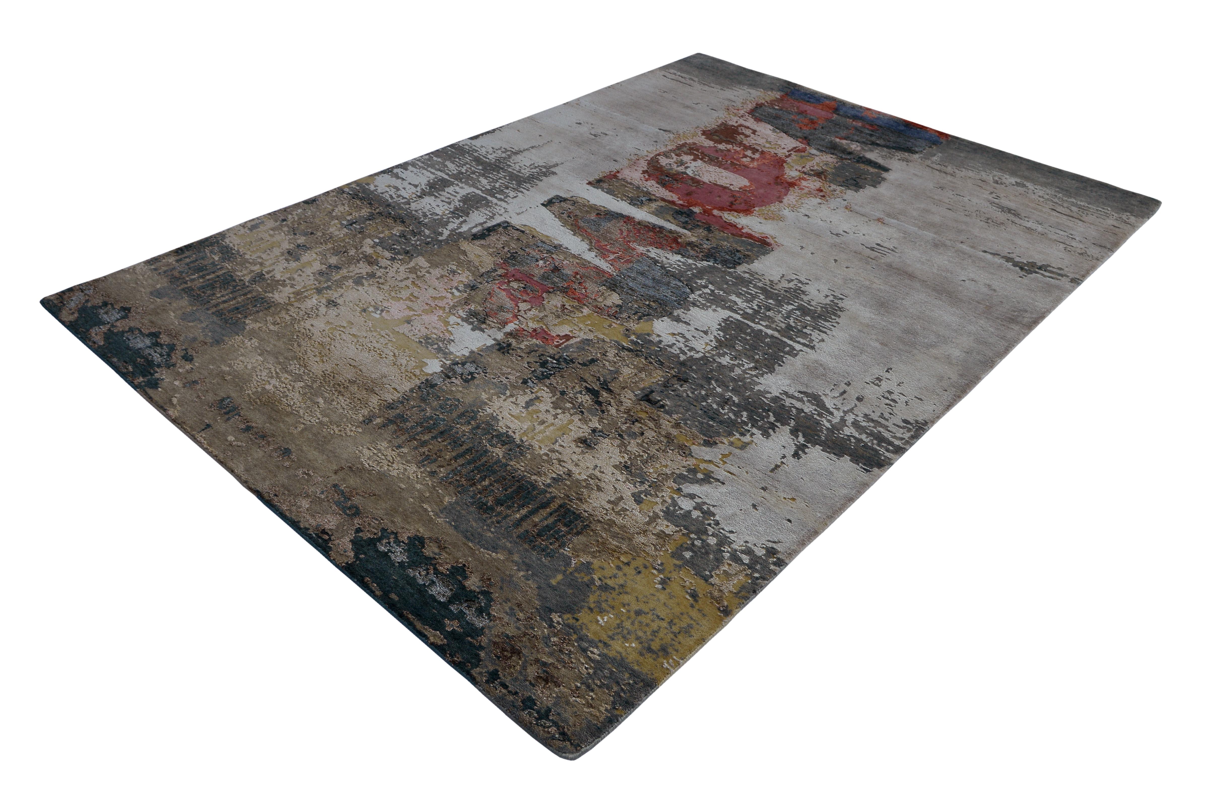 Hand-Knotted Modern Abstract Rug with Beige Gray and Red All-Over Pattern by Rug & Kilim