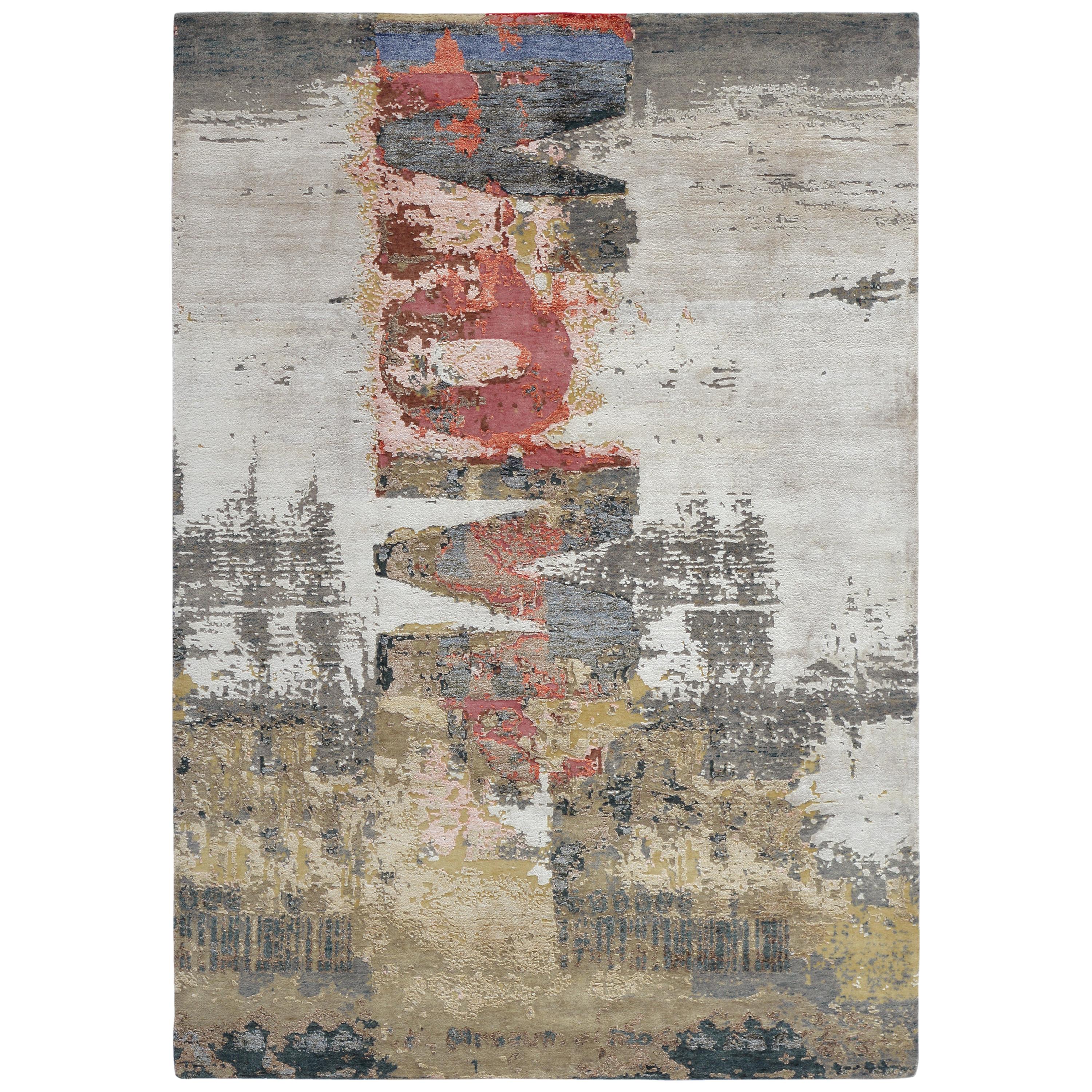 Modern Abstract Rug with Beige Gray and Red All-Over Pattern by Rug & Kilim